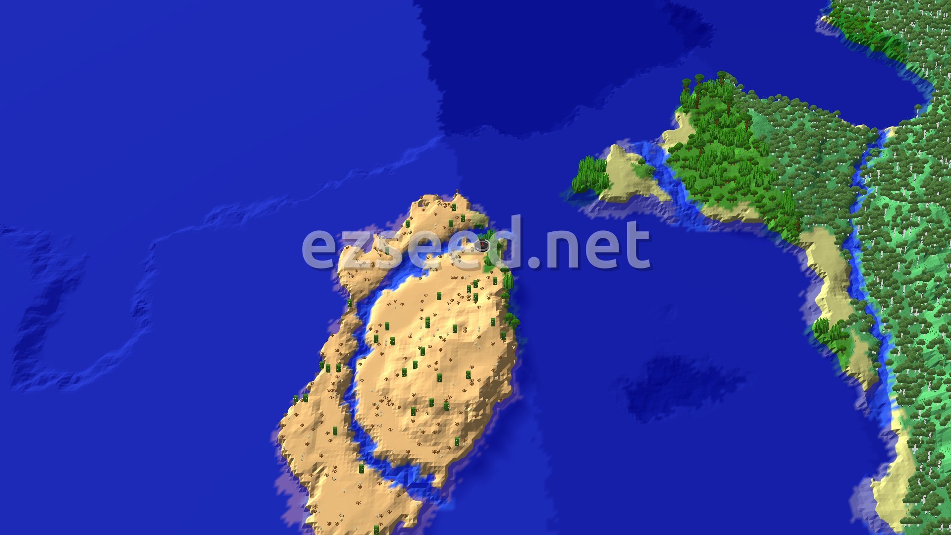 Aerial Minecraft seed map — Desert Island Spawn with Nearby Jungles and Trial Chambers