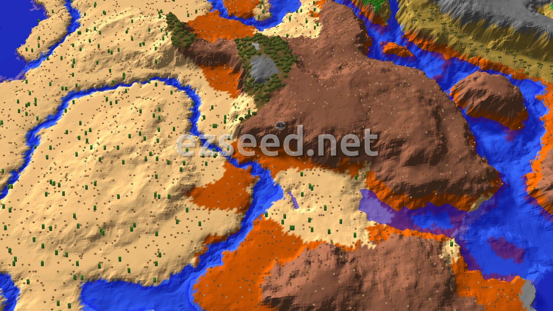 A 3D overhead view of a diverse landscape featuring reddish-brown Badlands, sandy deserts with scattered cacti, winding rivers, and patches of green forest, all under a clear sky.