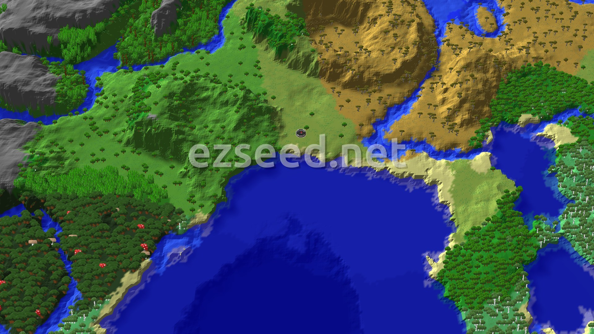 A 3D overhead view of a diverse landscape featuring green plains, a tan savanna, and dark blue ocean, with a small spawn marker in the center.