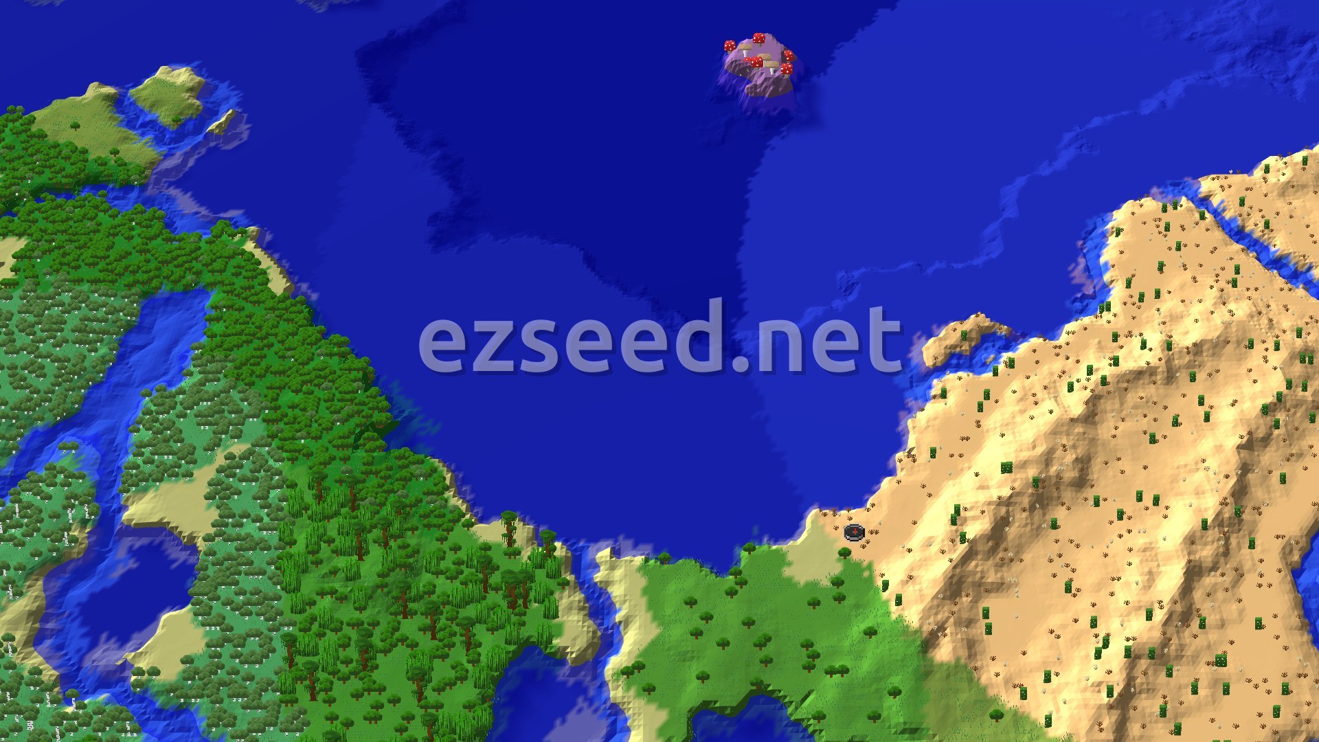 Aerial Minecraft seed map — Desert Spawn with Nearby Jungle and Mushroom Fields