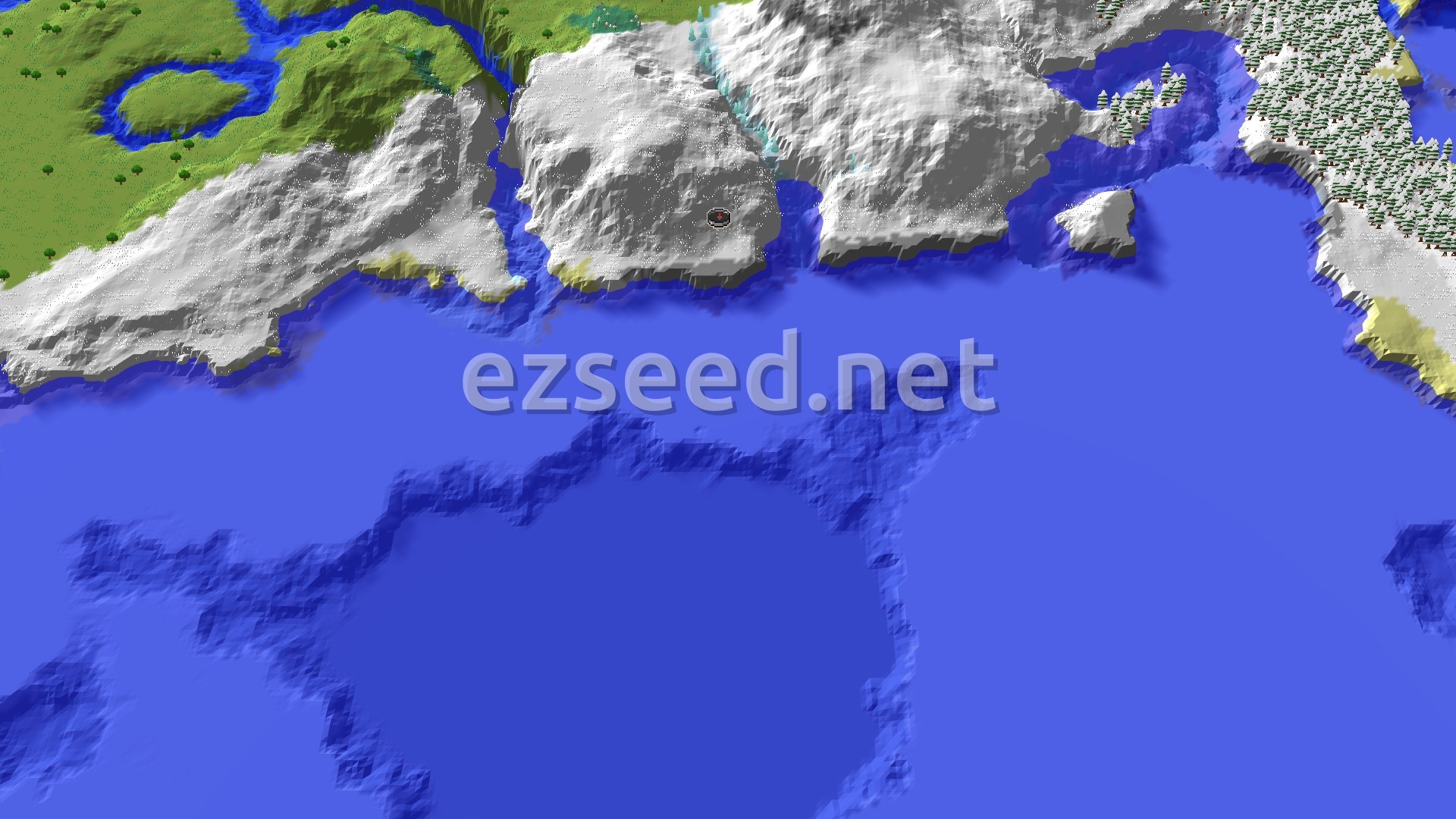 Aerial Minecraft seed map — Frozen Ocean and Snowy Plains with a Nearby Village
