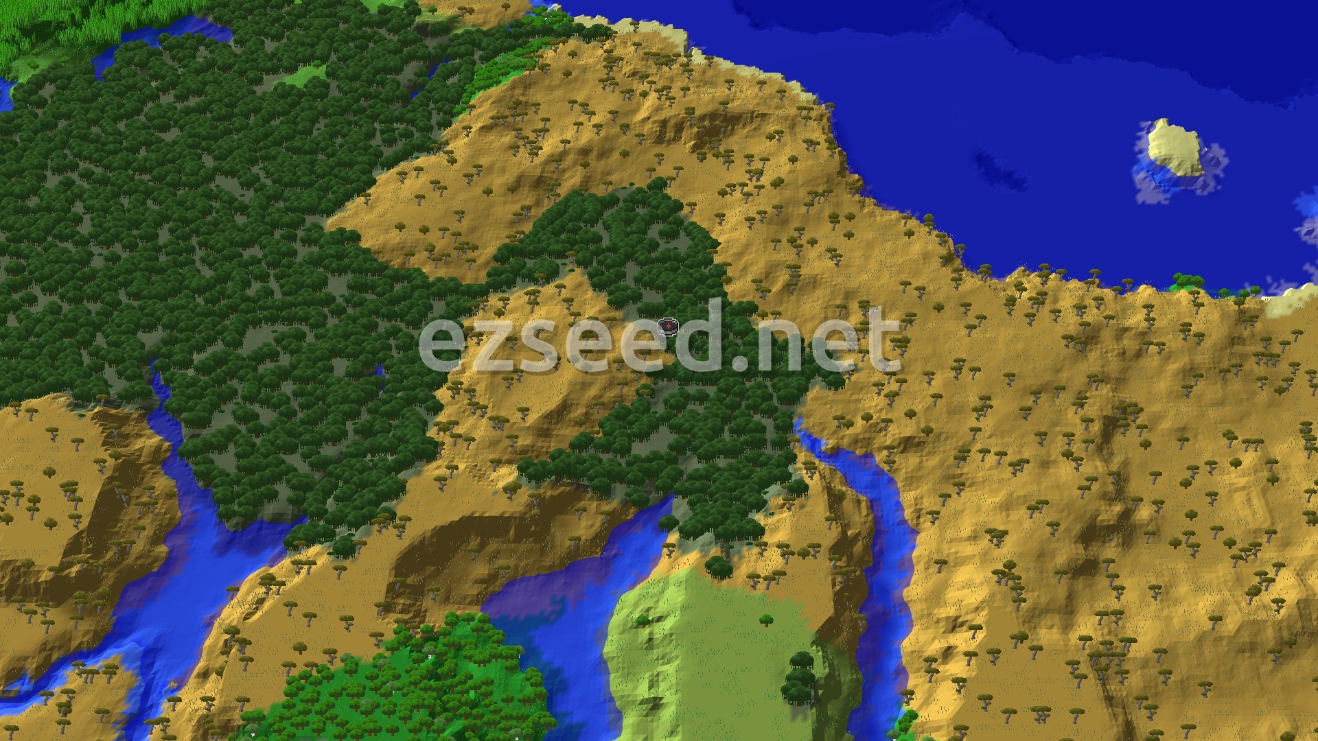 An overhead view of a diverse landscape featuring a dense green mangrove swamp, lighter green forests, and large areas of sandy savanna with scattered acacia trees. A blue river cuts through the terrain, leading to a larger body of water.