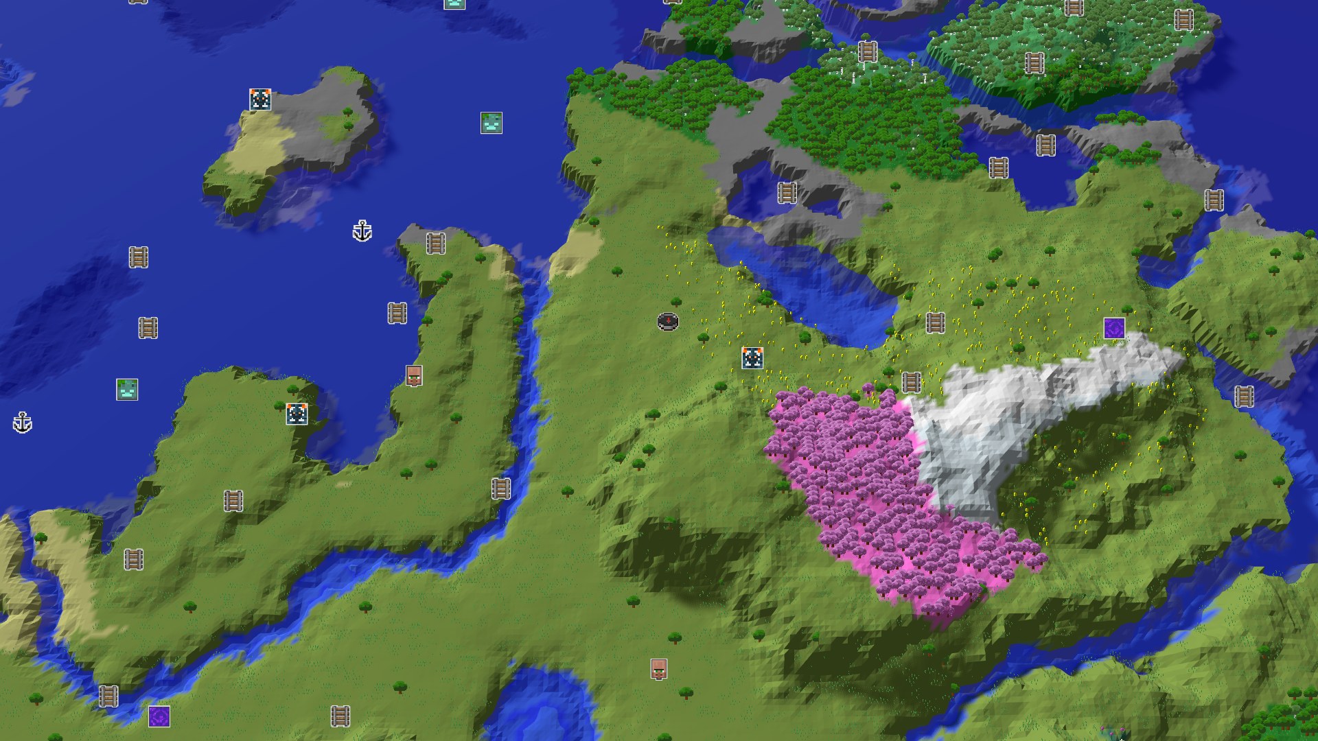 An aerial view of green plains, a wide river, a large pink cherry grove, and a snowy mountain.