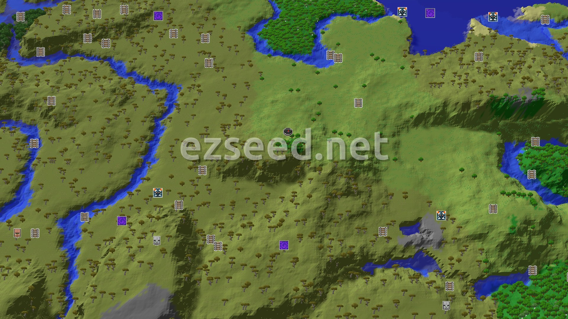 Aerial Minecraft seed map — Savanna Hills and Starter Structures Nearby