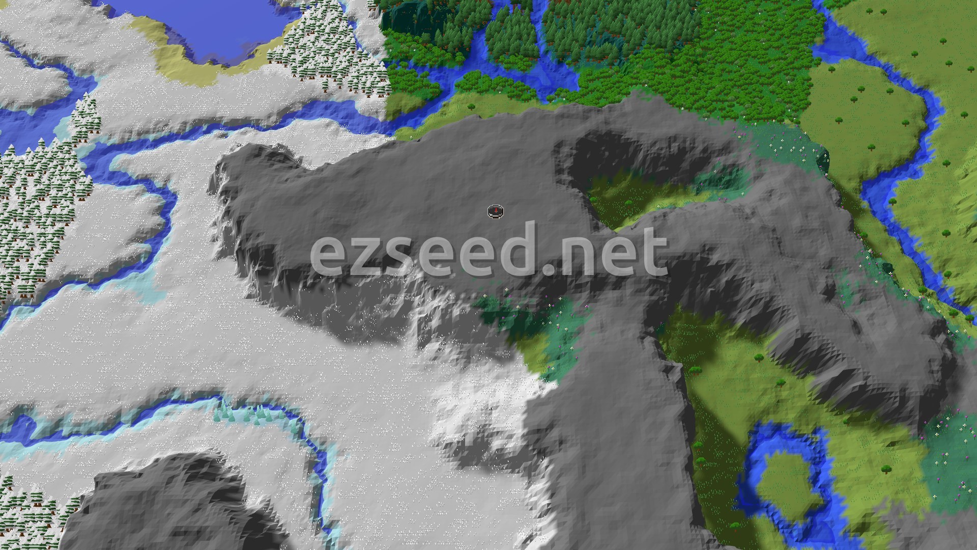 Aerial Minecraft seed map — A Village and Snowy Mountains Near Spawn
