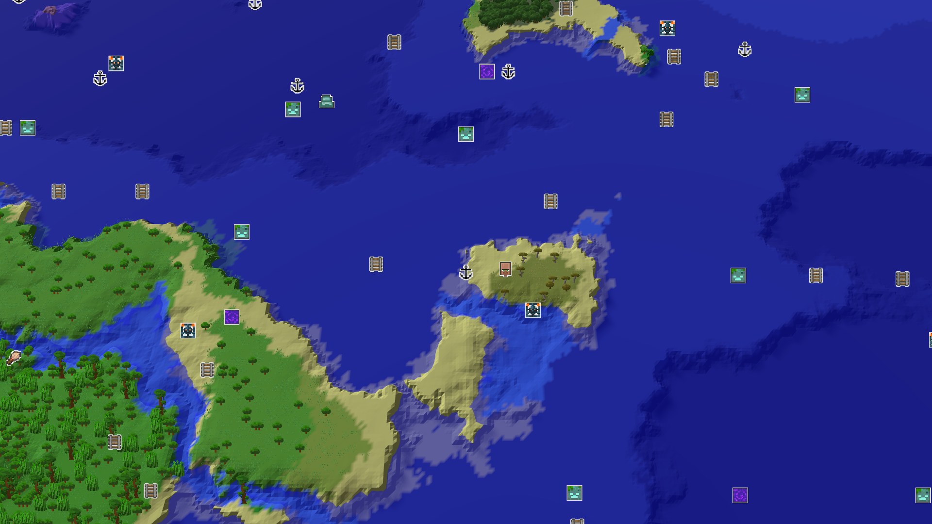 A 3D fly-over of a world dominated by blue ocean, with several green and tan landmasses. The largest landmass features dense green forests and lighter tan beaches. A small spawn marker is visible in a dark green, marshy area.