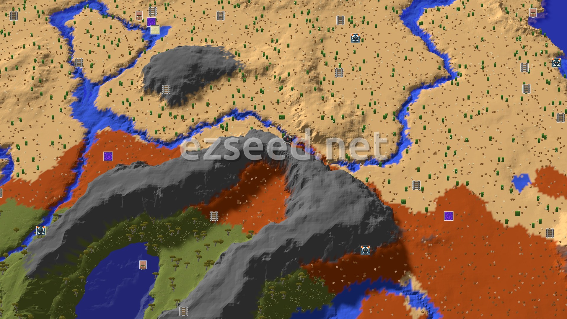 Aerial Minecraft seed map — Spawn in Badlands Near Desert and Mountains