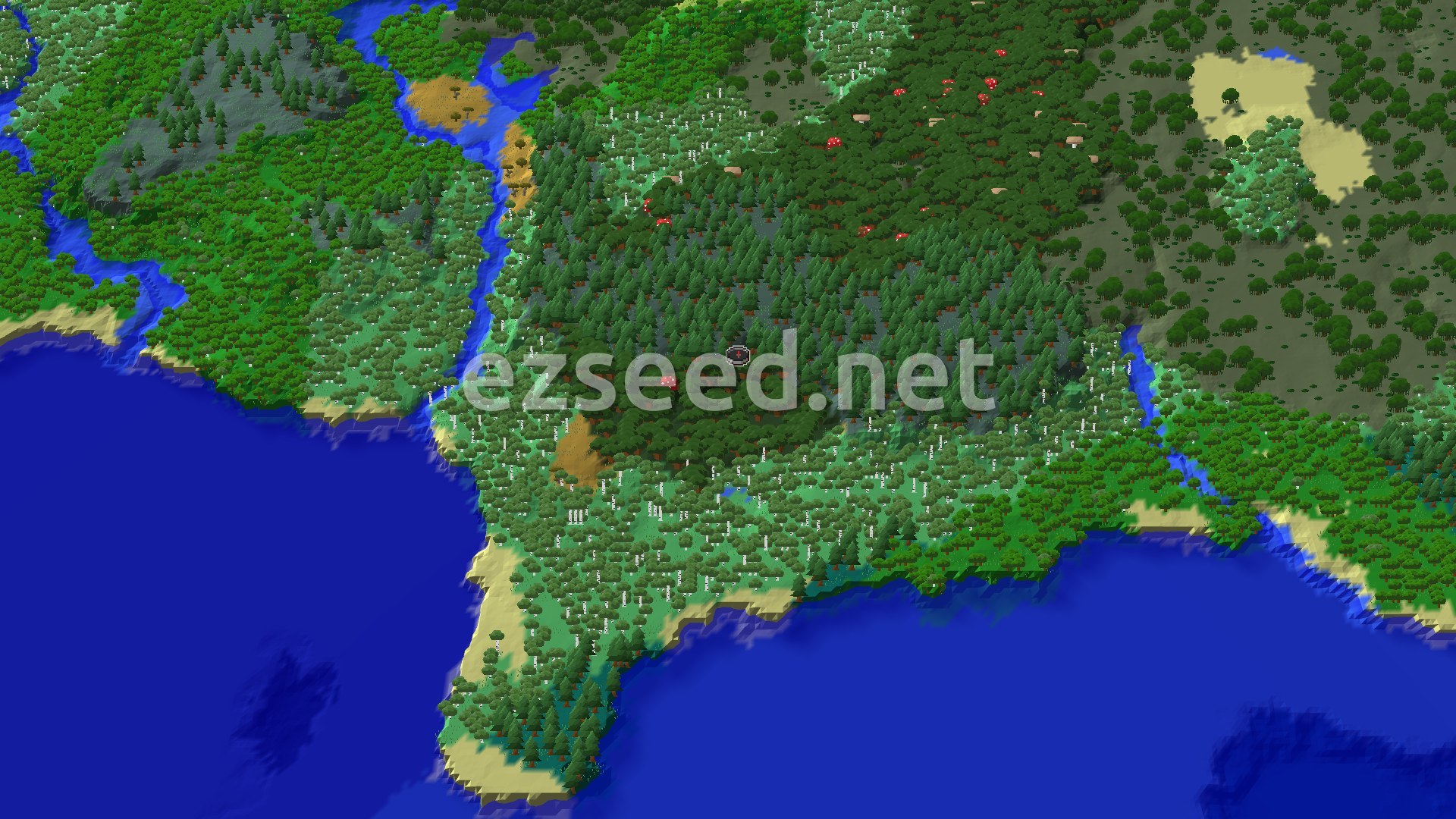 An aerial view showing a dense dark forest at the center, surrounded by lighter green forests, a winding river, and a large blue ocean. A small spawn marker is visible in the middle of the dark forest.