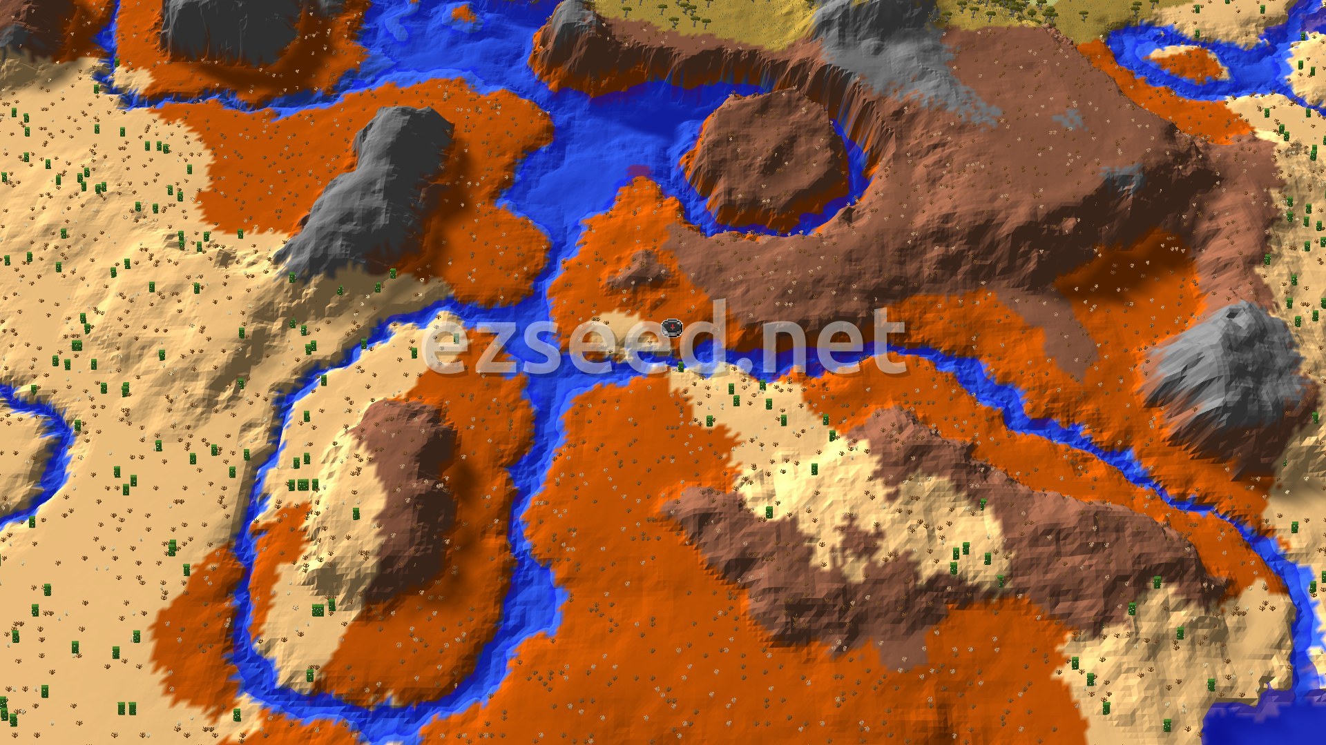 Aerial Minecraft seed map — Badlands Spawn With Nearby Eroded Badlands