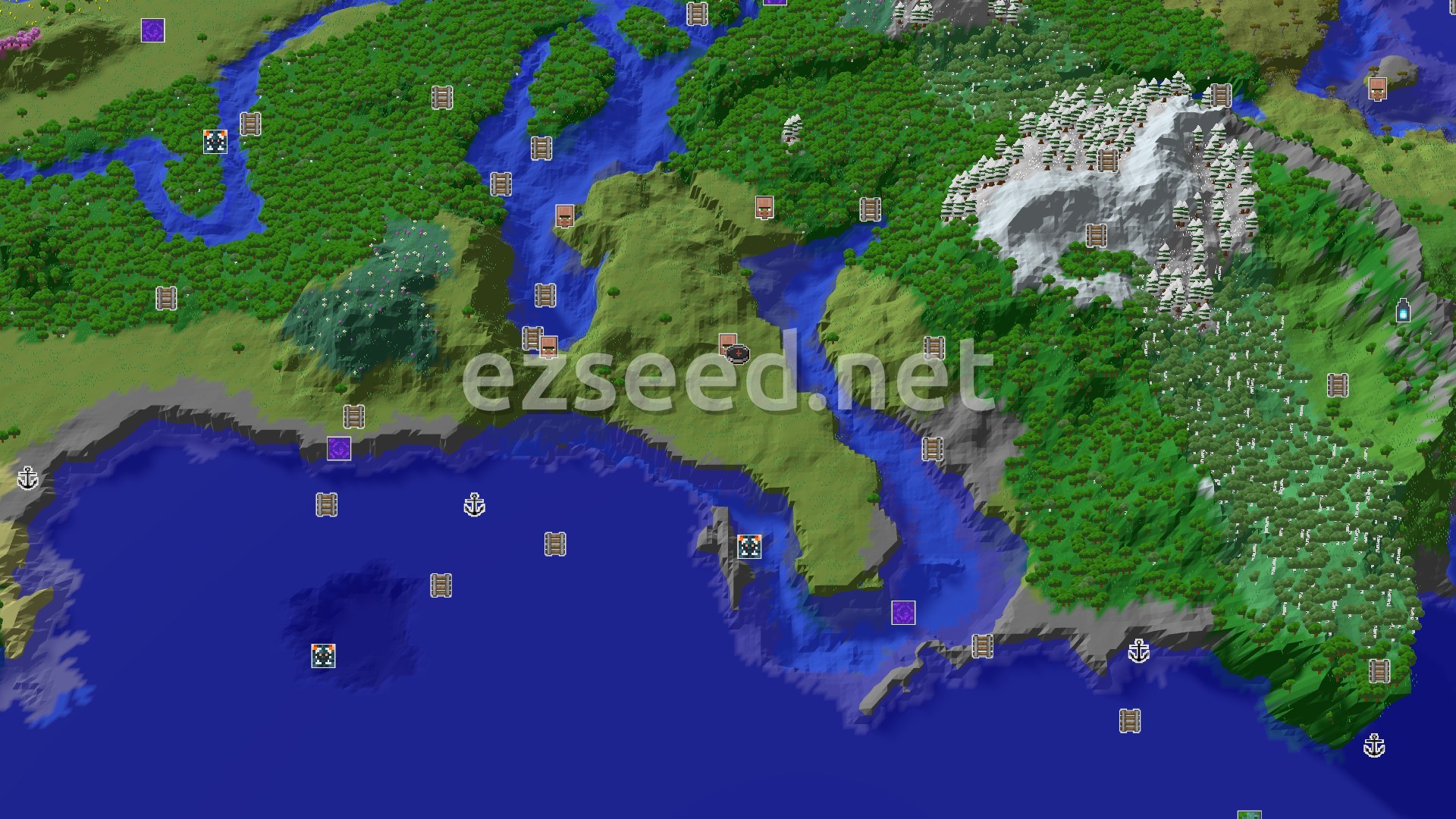 Aerial Minecraft seed map — A Quick Village Start with Nearby Frozen Peaks