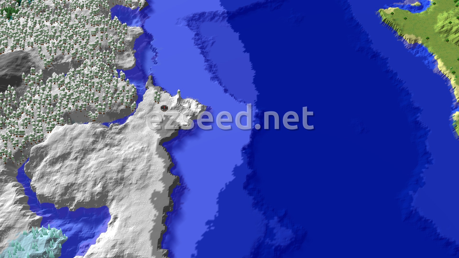 Aerial Minecraft seed map — A Frozen Start With Nearby Peaks and a Coastal Village