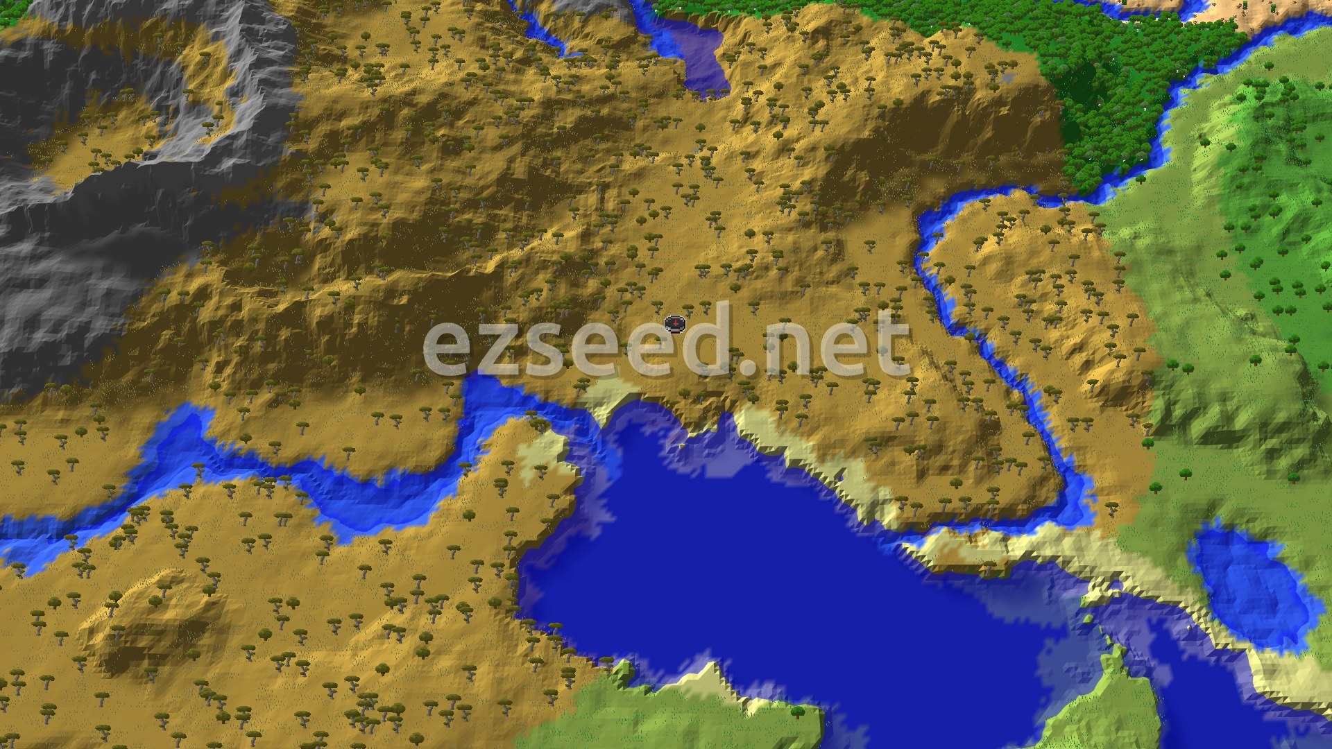 A 3D overhead view of a savanna landscape with scattered acacia trees, winding rivers, and a large ocean to the south, with grey stony peaks visible in the northwest.