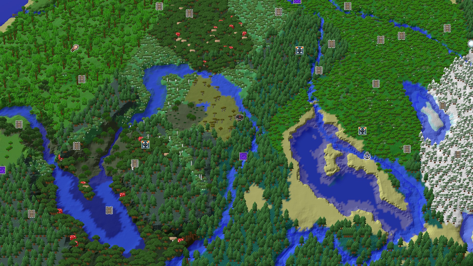 An overhead view of a heavily forested landscape, with winding rivers and patches of lighter green Windswept Savanna and snowy Taiga to the east. A small spawn marker is visible in the center of the dense forest.