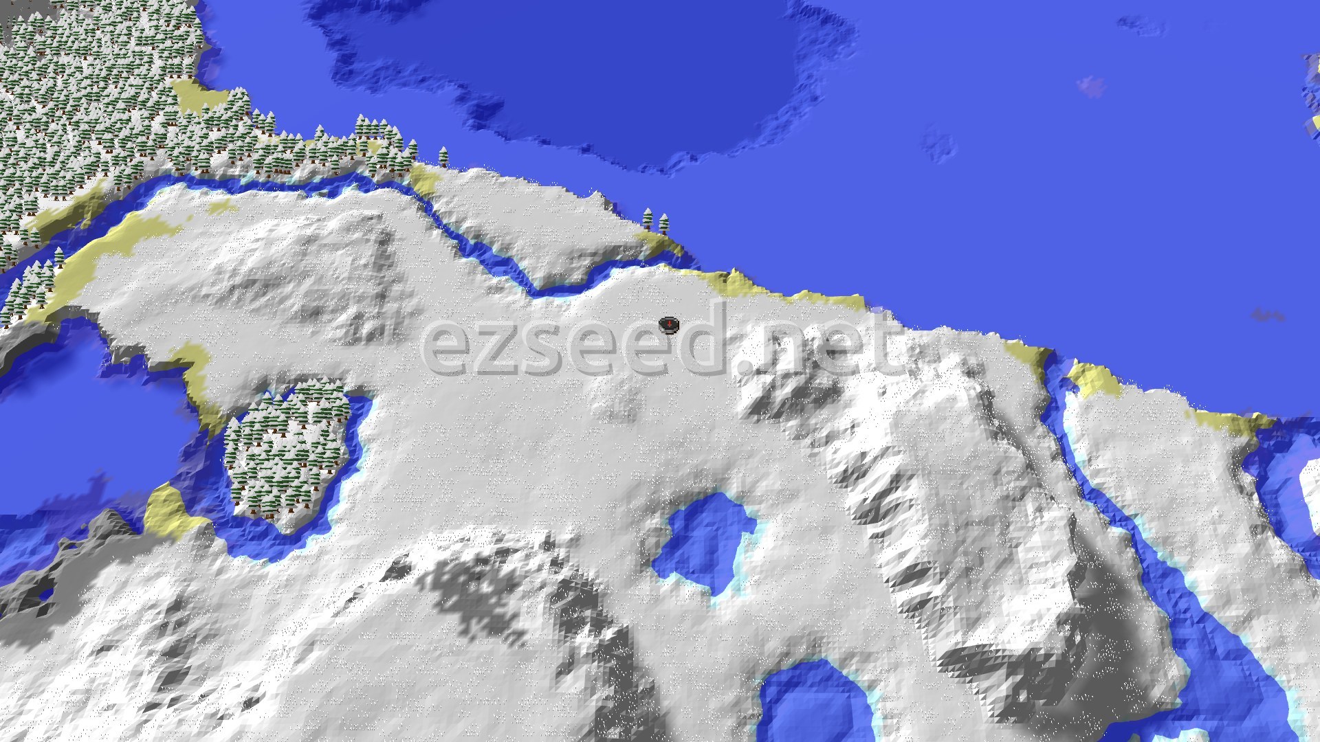 Aerial Minecraft seed map — A Frozen Start with Nearby Trial Chambers