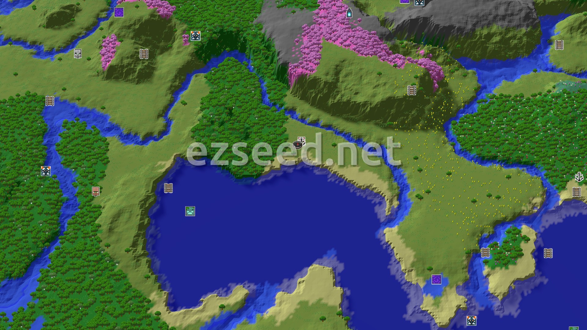 Aerial Minecraft seed map — A Quick Village Start, Then Cherry Blossom Hills