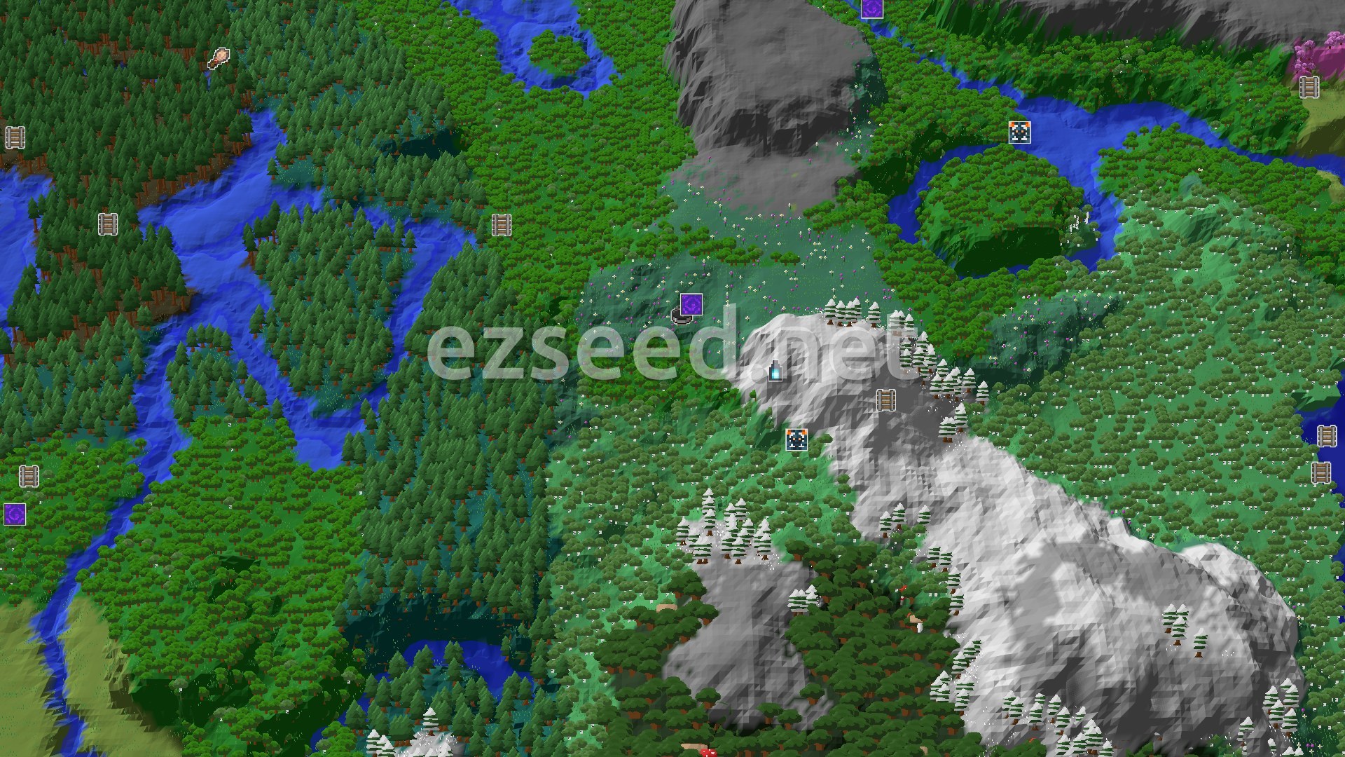 Aerial Minecraft seed map — Close Village and Ruined Portal at Spawn