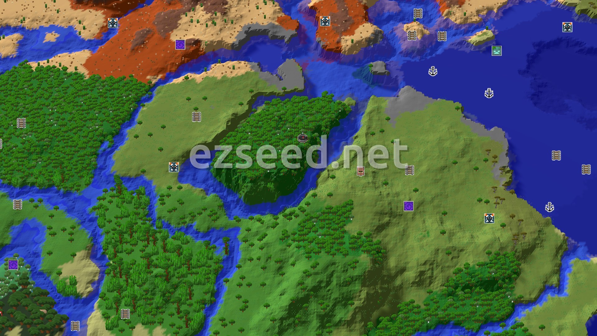 Aerial Minecraft seed map — Forest Spawn with Nearby Jungle and Badlands