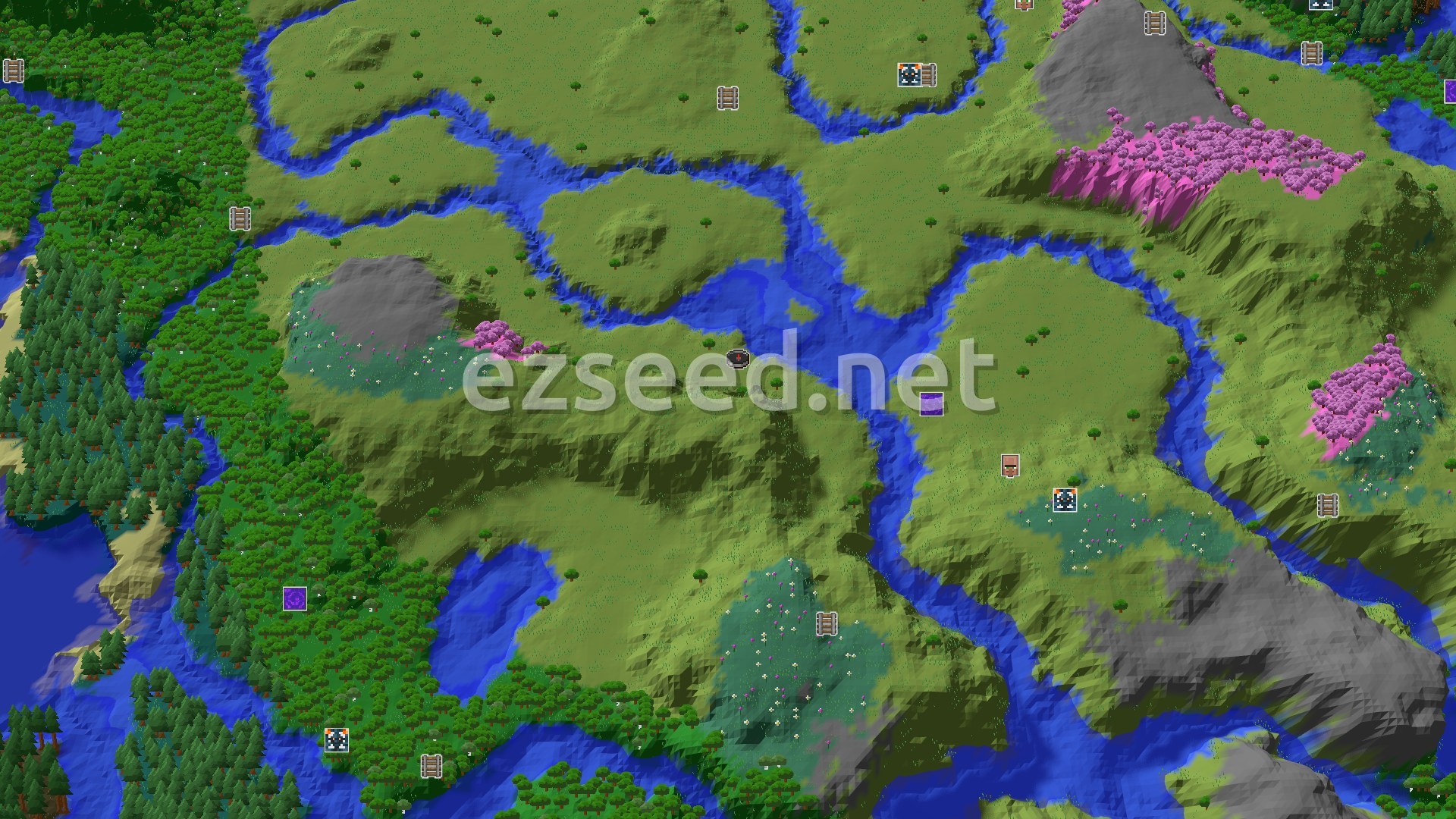 Aerial Minecraft seed map — A Cherry Blossom Valley near a Starter Plains