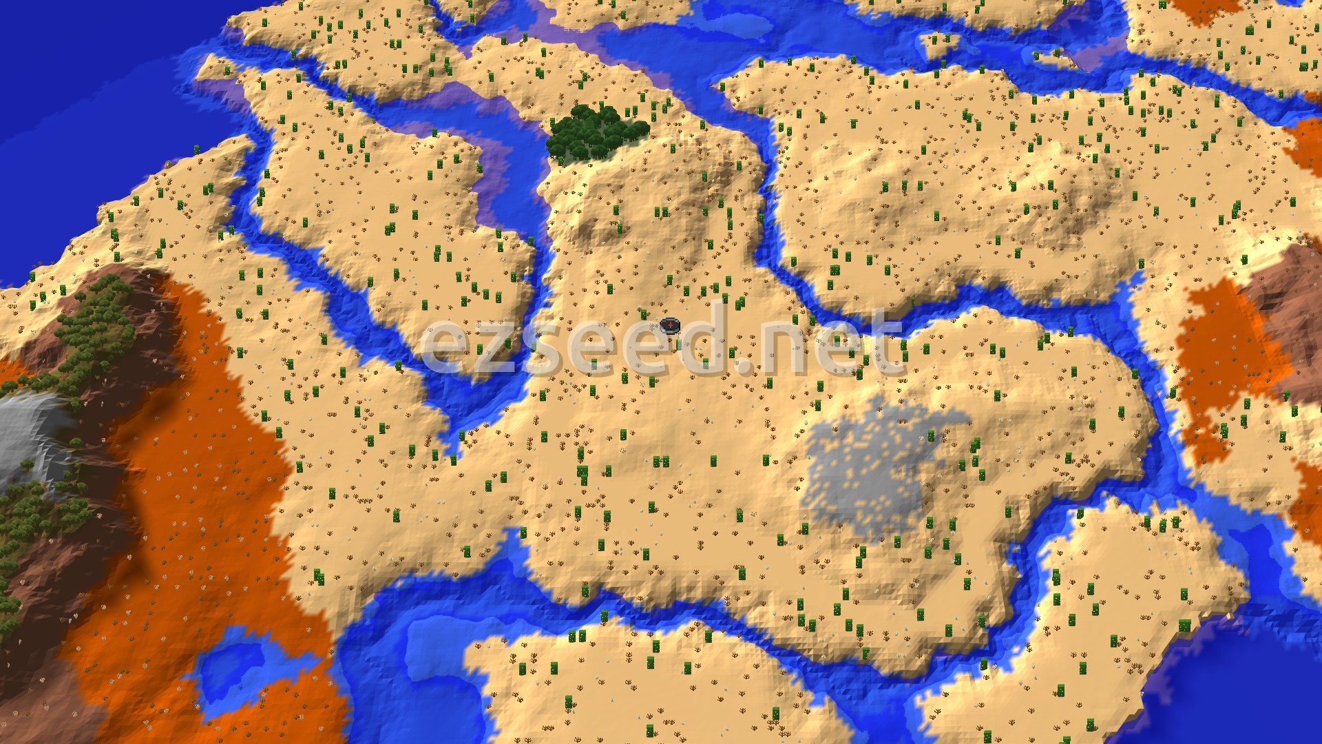 Aerial Minecraft seed map — Desert Spawn with Close Pyramid and Mangrove Swamp
