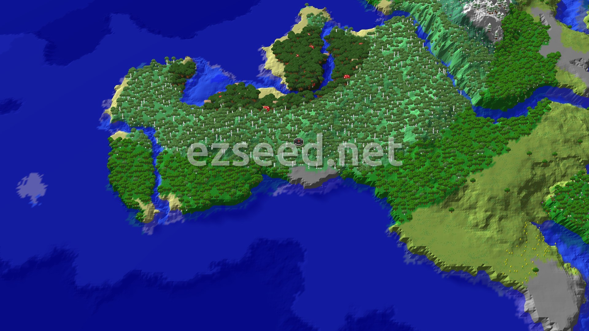 Aerial Minecraft seed map — Trial Chambers and Buried Treasure Near Spawn