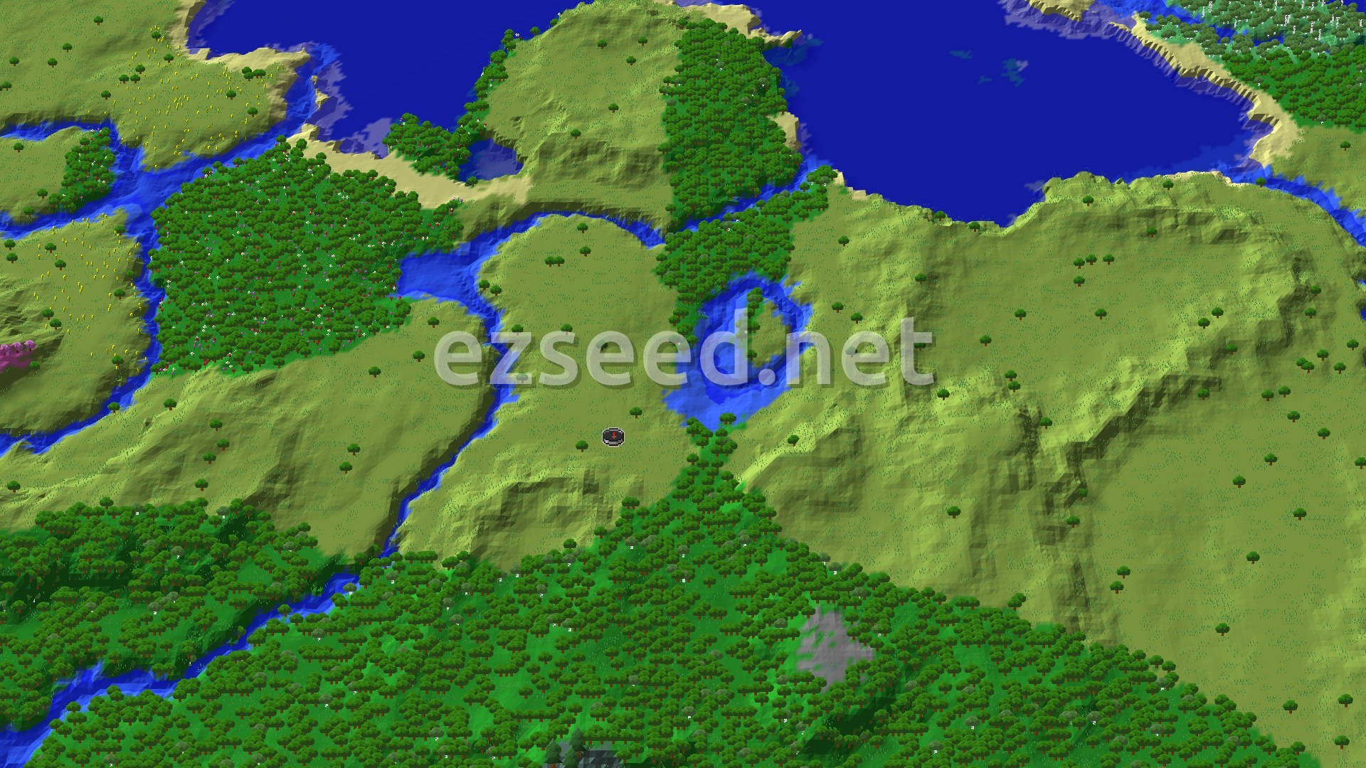 Aerial Minecraft seed map — Trial Chambers Near Spawn with Lush Caves Below