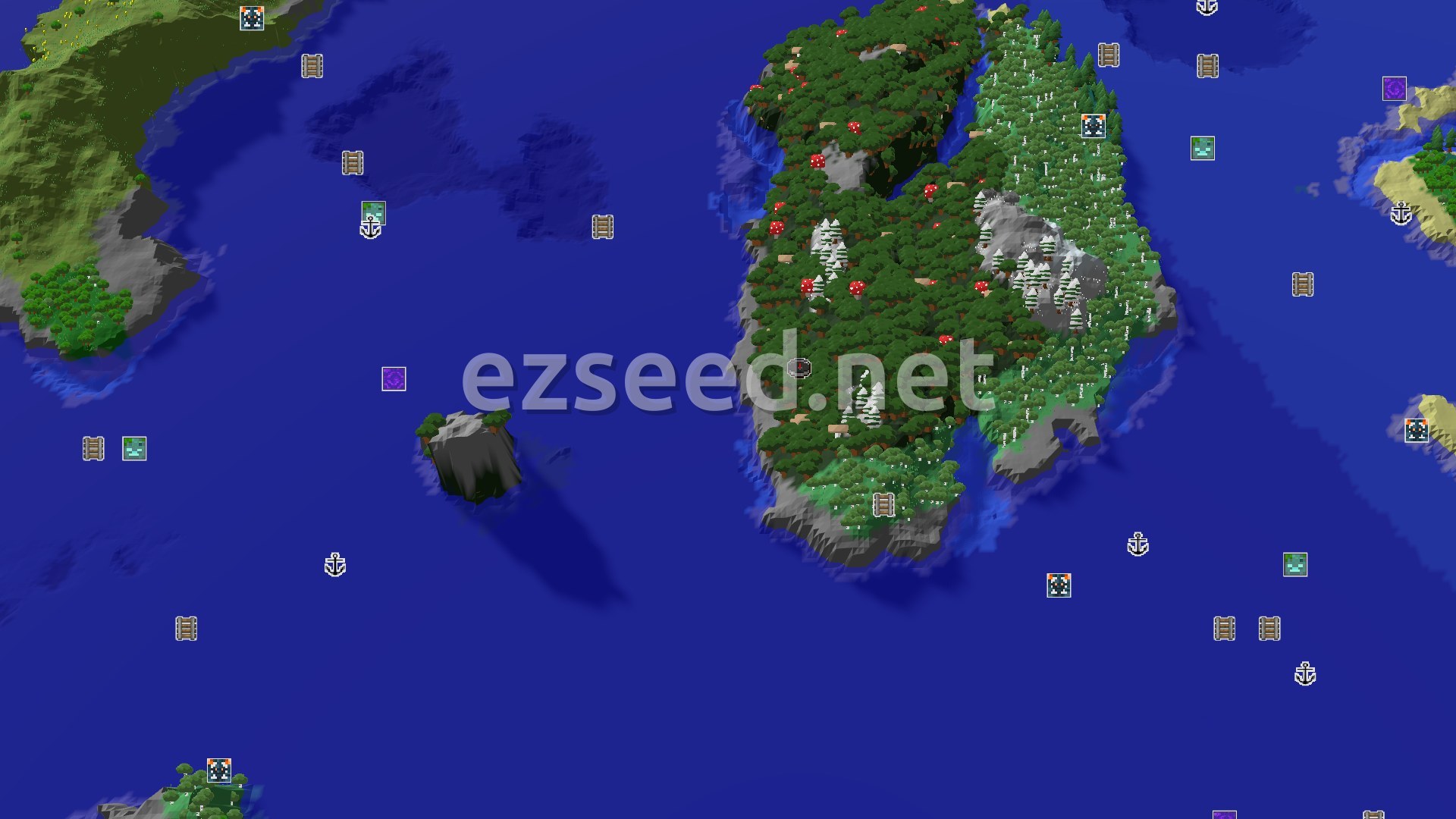 Aerial Minecraft seed map — Spawn in a Dark Forest with a nearby Trial Chambers