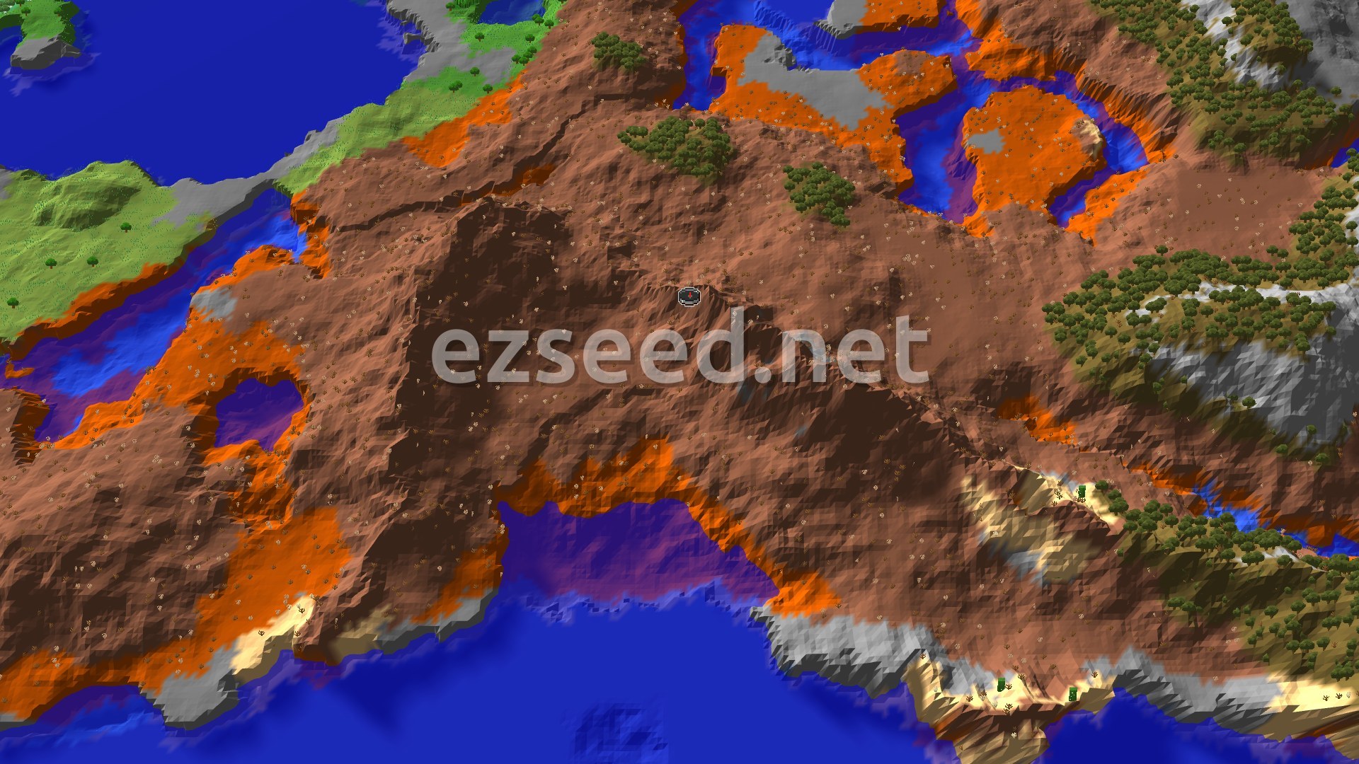 Aerial Minecraft seed map — Badlands Start with Ancient City Nearby