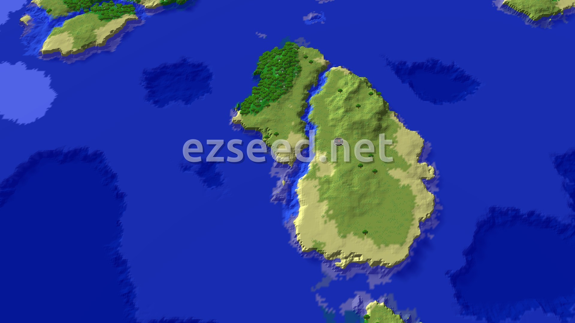 Aerial Minecraft seed map — Island Spawn with Nearby Trial Chambers and Ocean Monument