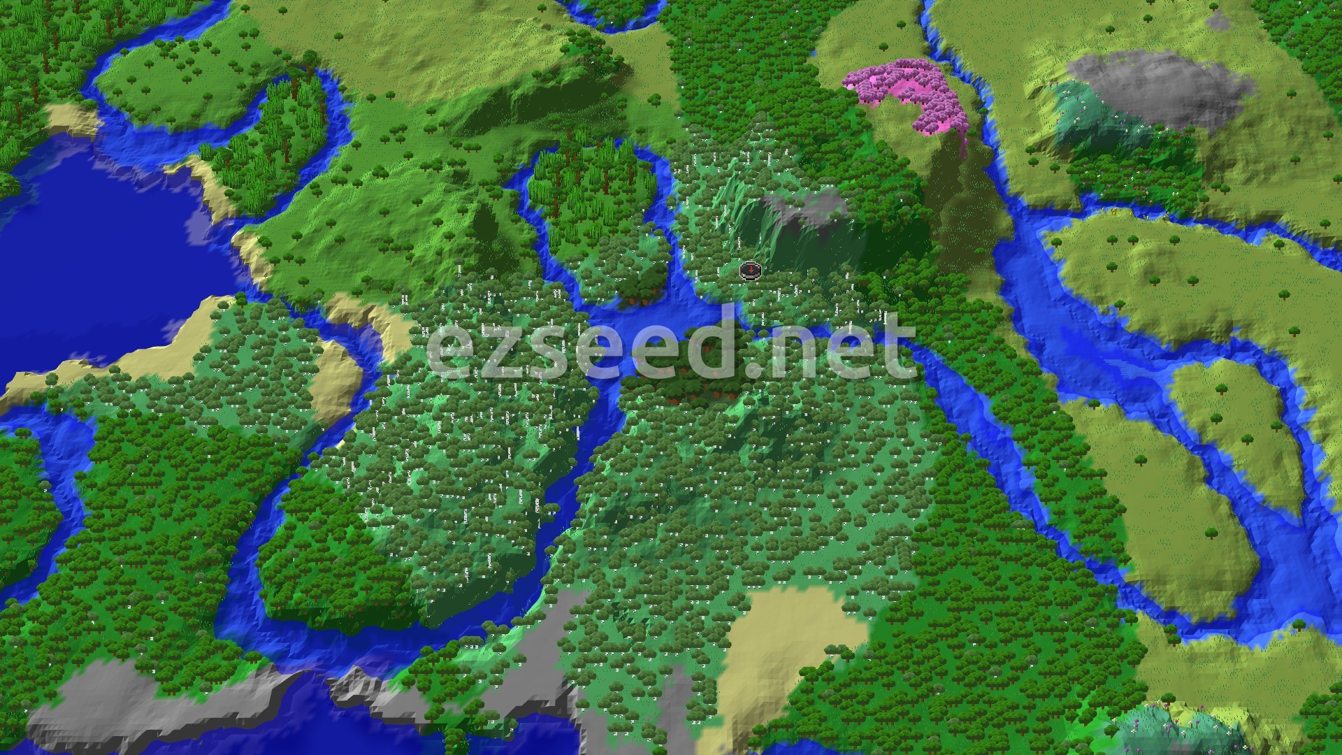 Aerial Minecraft seed map — Cherry Grove Near Spawn with Accessible Stronghold