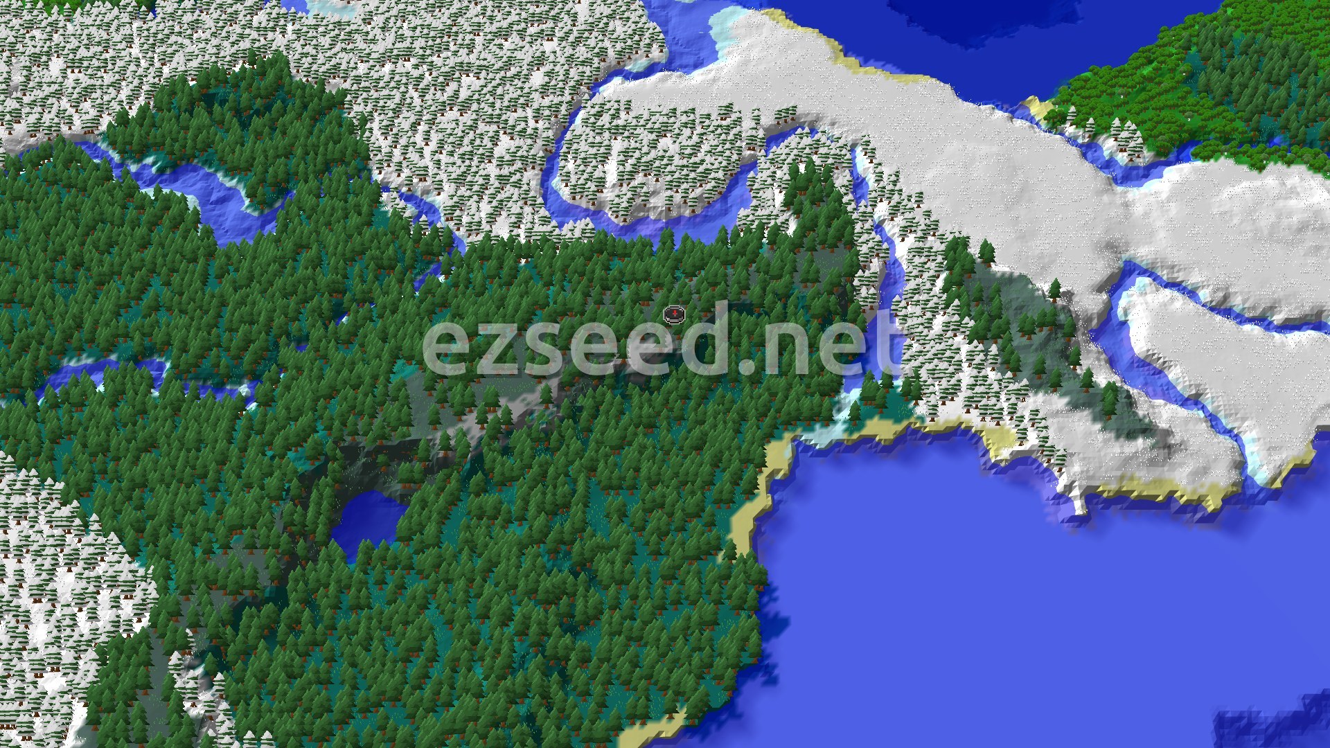 Aerial Minecraft seed map — Windswept Start, Immediate Village, and Icy Expanse