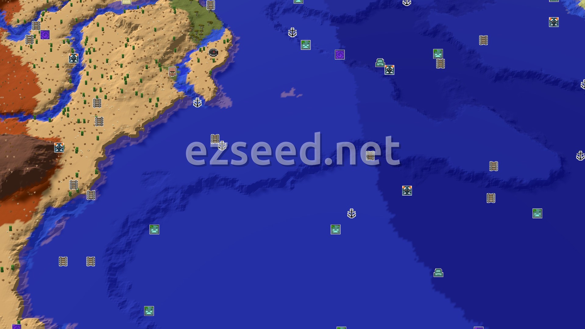 Aerial Minecraft seed map — Desert Spawn with Coastal Adventures and Badlands