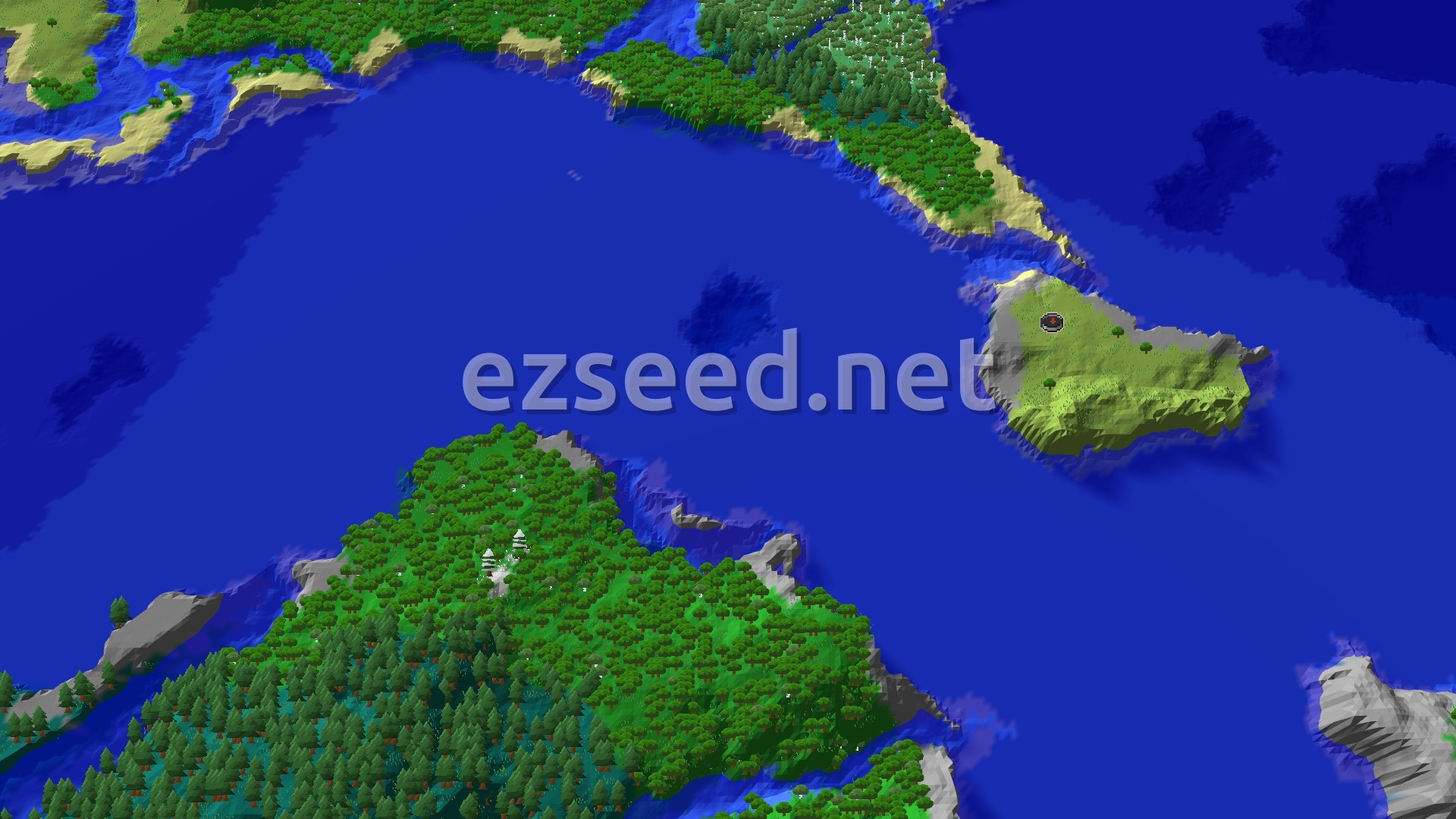 Aerial Minecraft seed map — Spawn on a Plains Peninsula with Nearby Trial Chambers