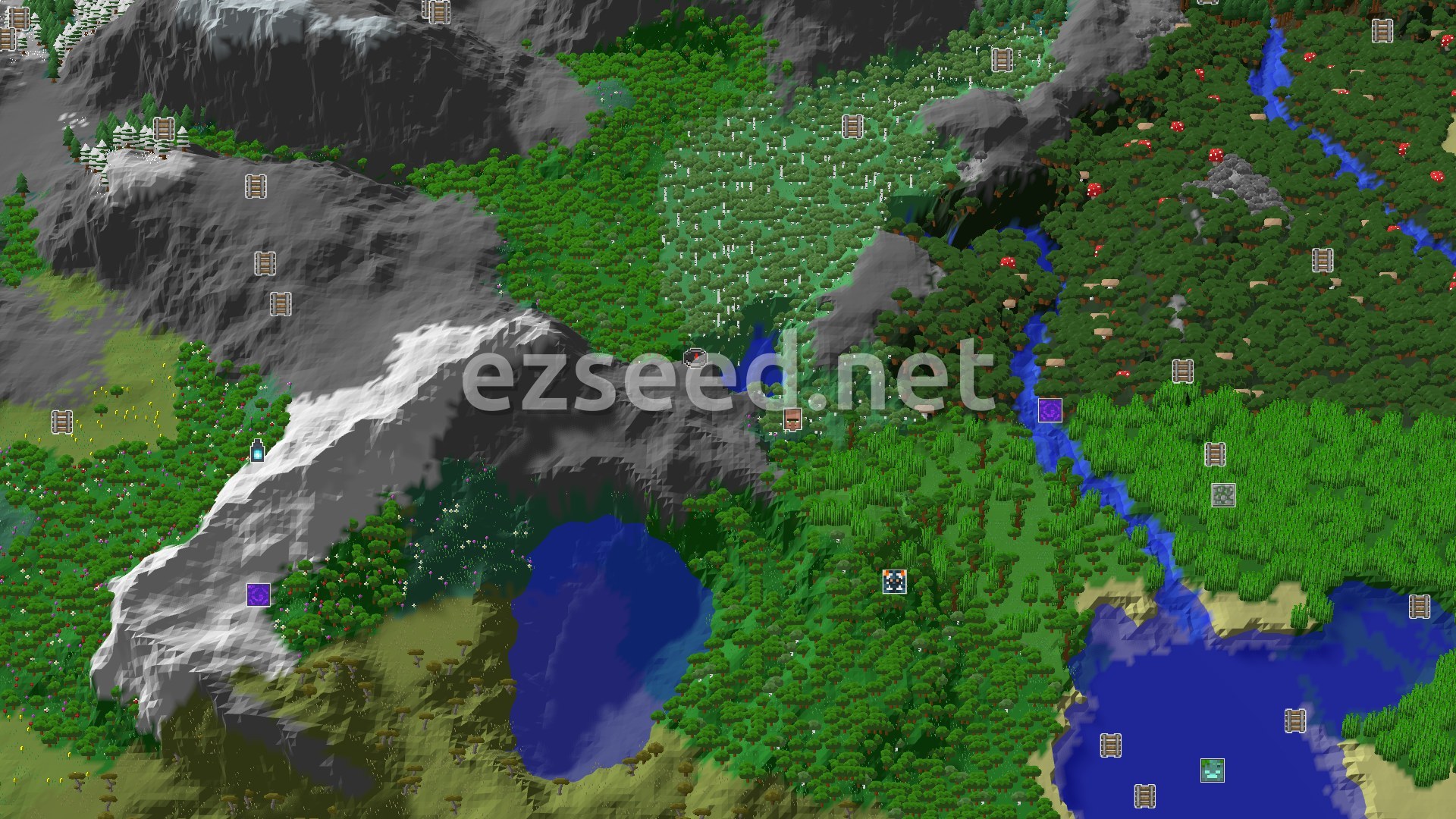 Aerial Minecraft seed map — Forest Spawn with Nearby Mountains and Village