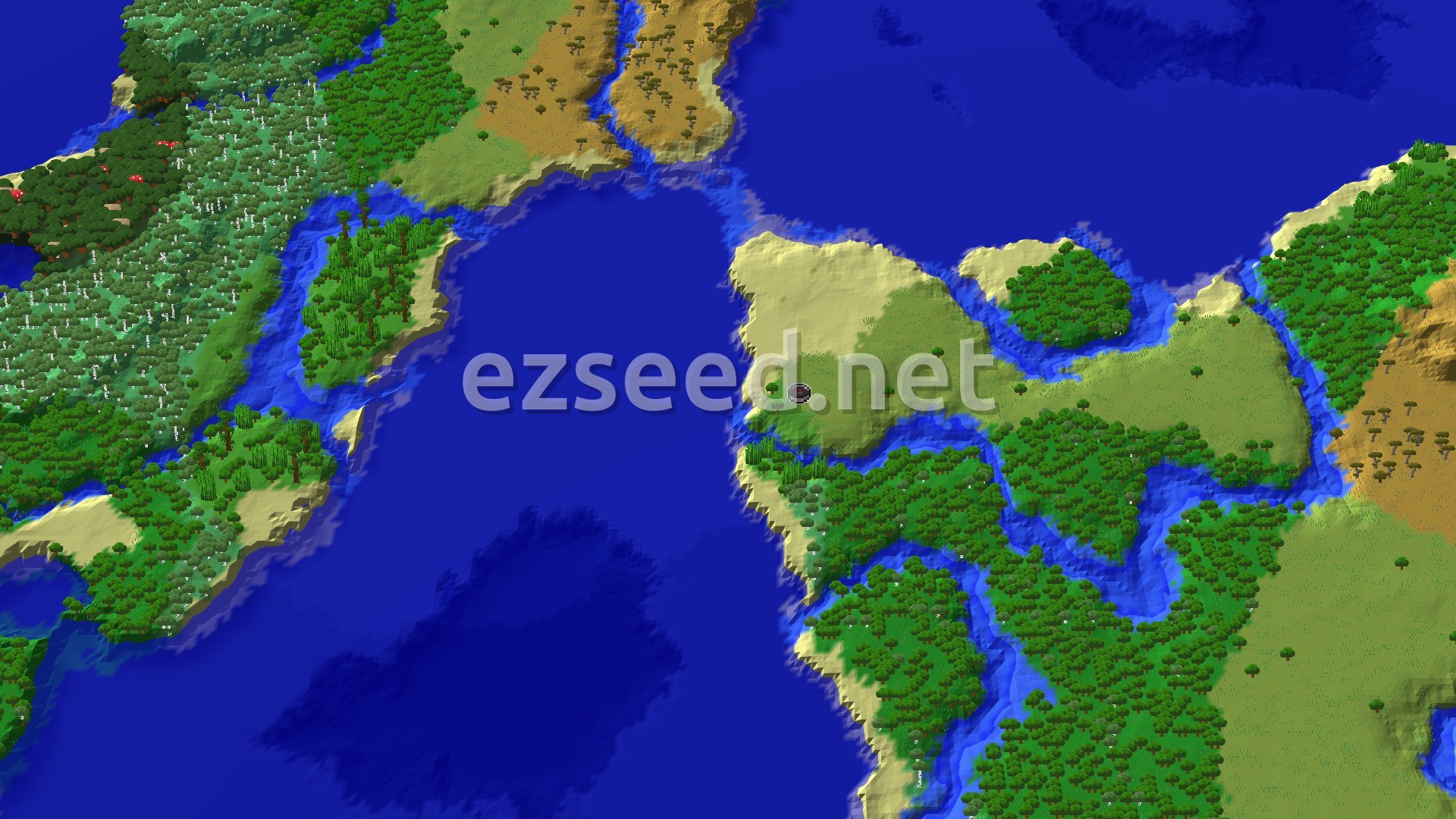 A 3D overhead view shows a small landmass of sparse jungle and plains biomes, surrounded by ocean and rivers. A small spawn marker is visible near the center.