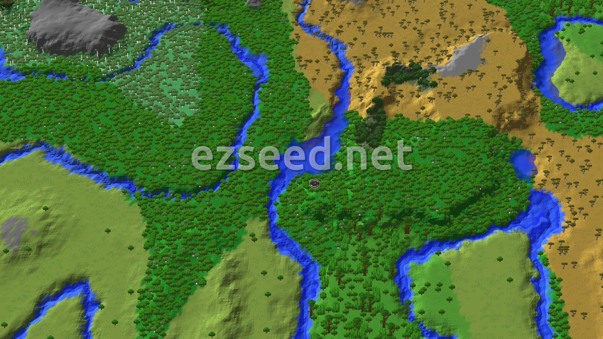 A bird's eye view of a varied landscape, showing dense green forests, winding blue rivers, patches of open plains, and a savanna biome with scattered trees in the distance. A small spawn marker is visible in the center of the forest.