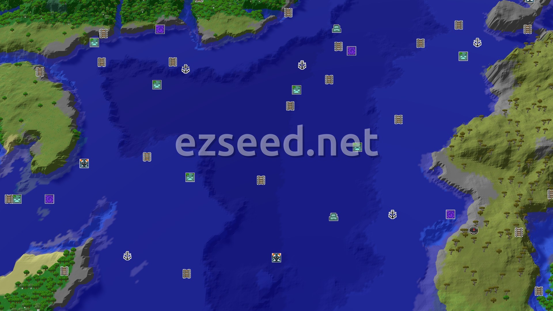 Aerial Minecraft seed map — Savanna Spawn with a Nearby Ocean Monument