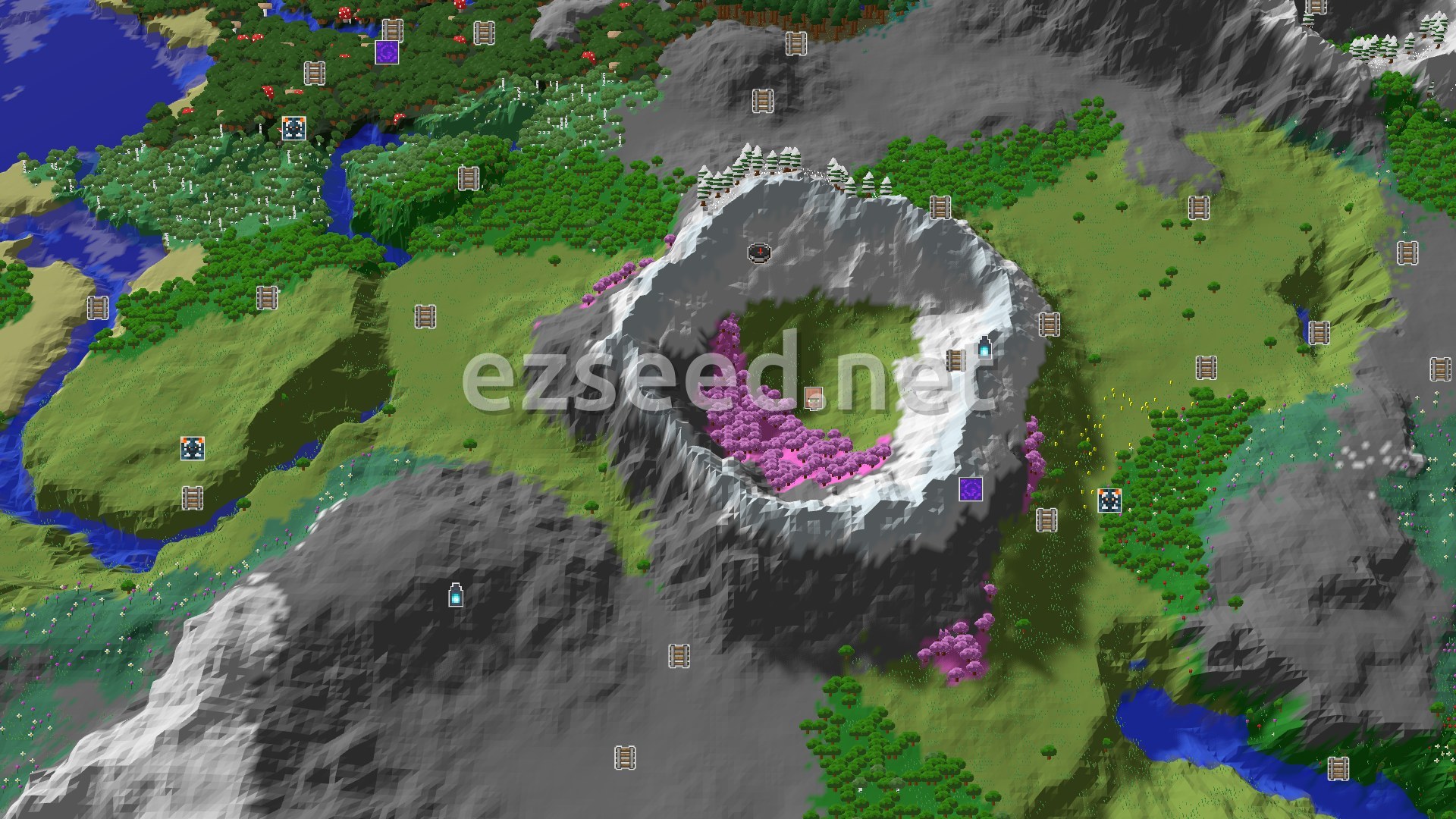 Aerial Minecraft seed map — Spawn Near a Cherry Grove Crater and Ancient City