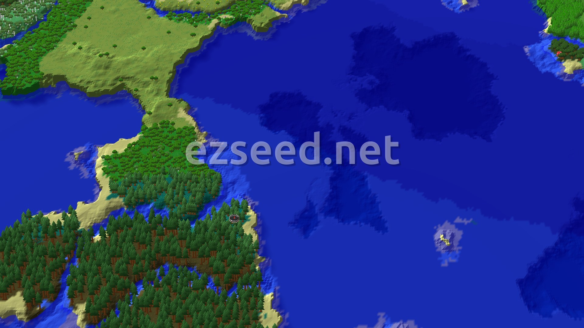 An aerial view of a forested coastline with a spawn marker in a taiga biome by the water, surrounded by various shades of blue ocean.