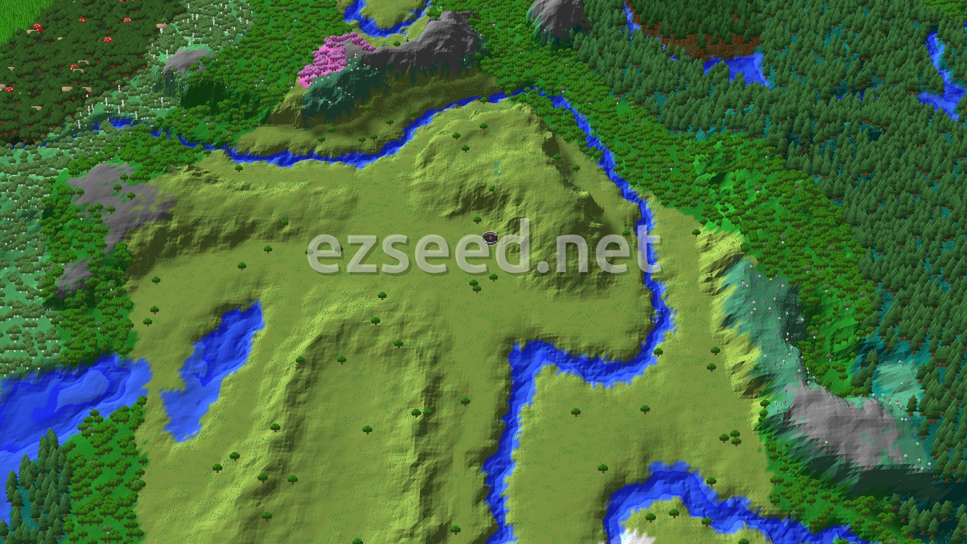 Aerial Minecraft seed map — Village Next to Spawn in a Diverse Landscape