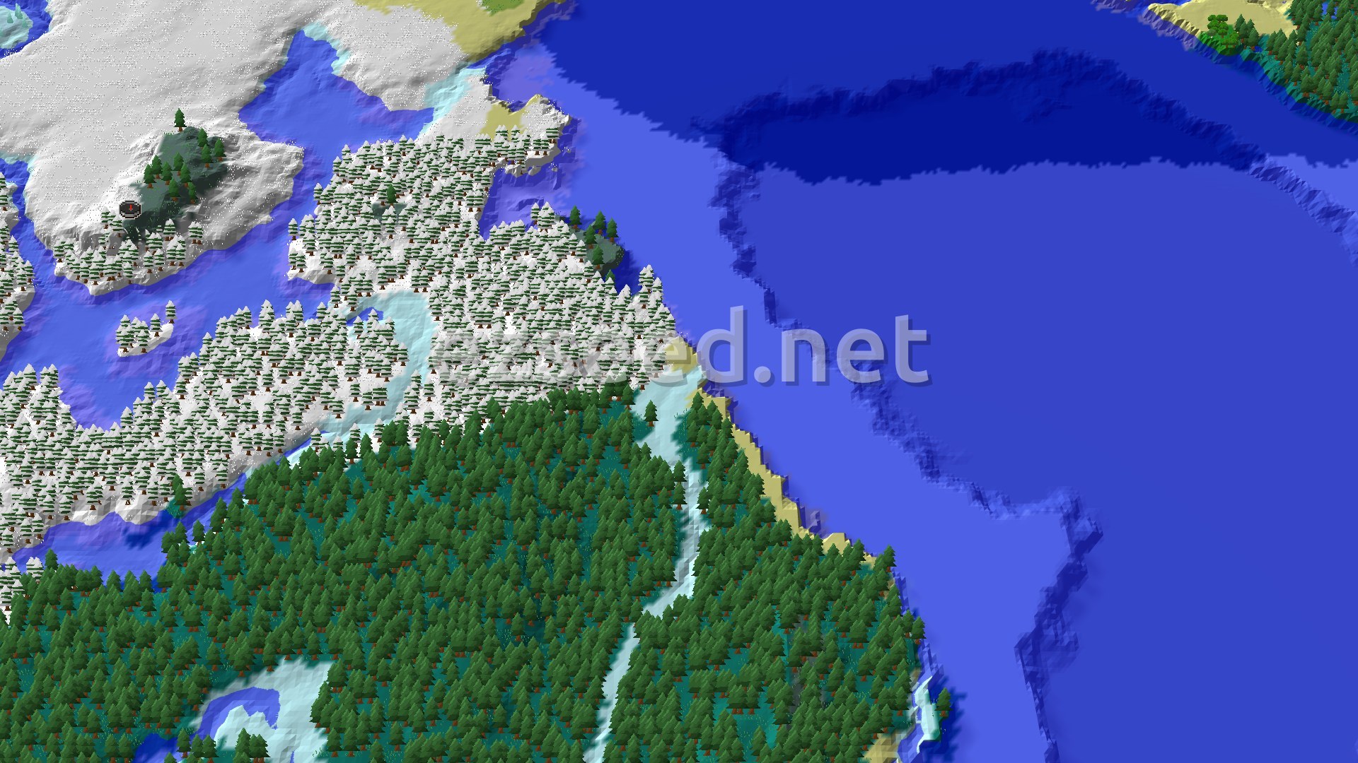 A 3D fly-over of a snowy landscape with a mix of pine and spruce trees, a river, and a deep blue ocean.