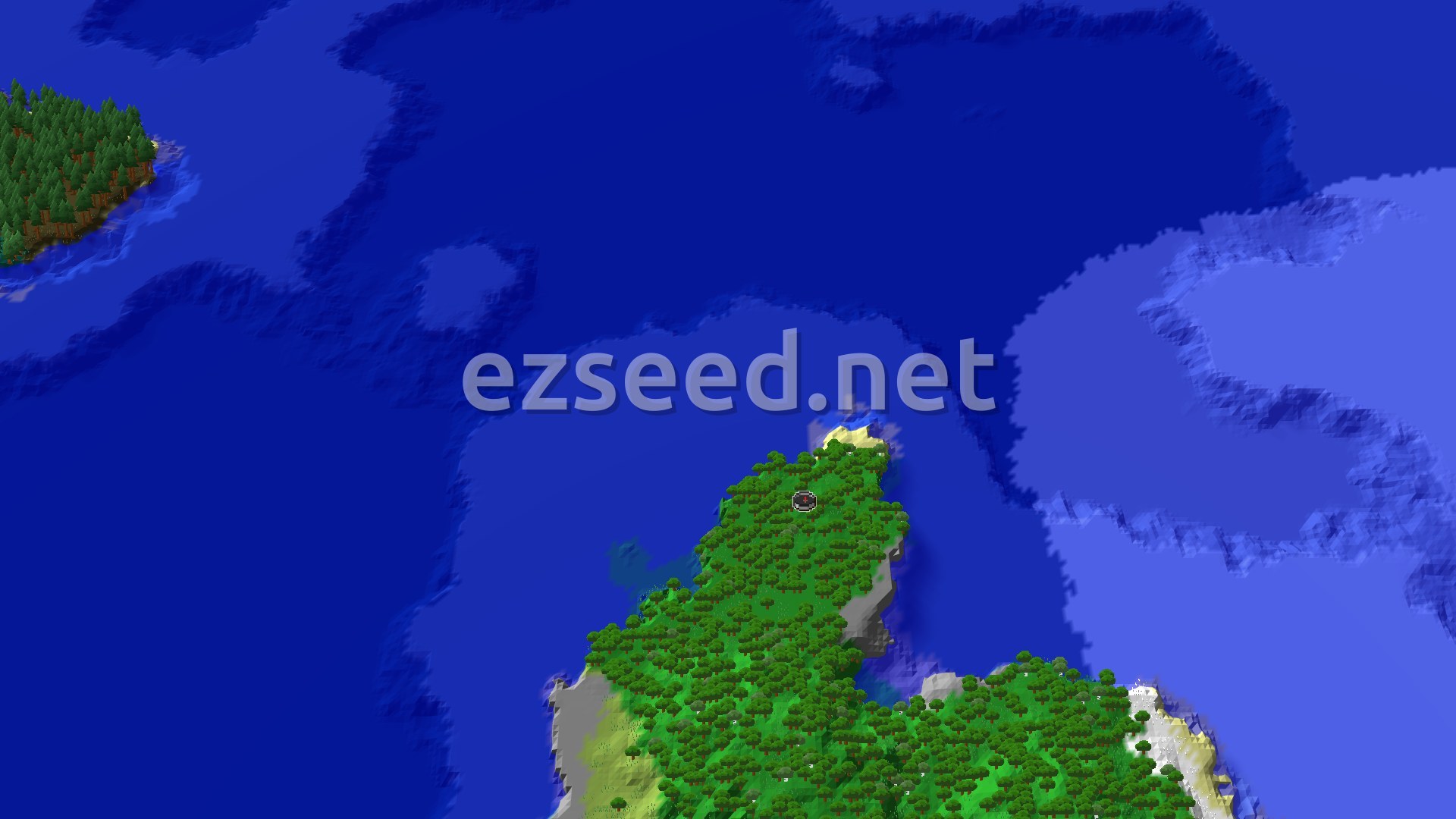 An aerial view shows a forest island surrounded by vast cold ocean, with a small marker at the center indicating the spawn point.