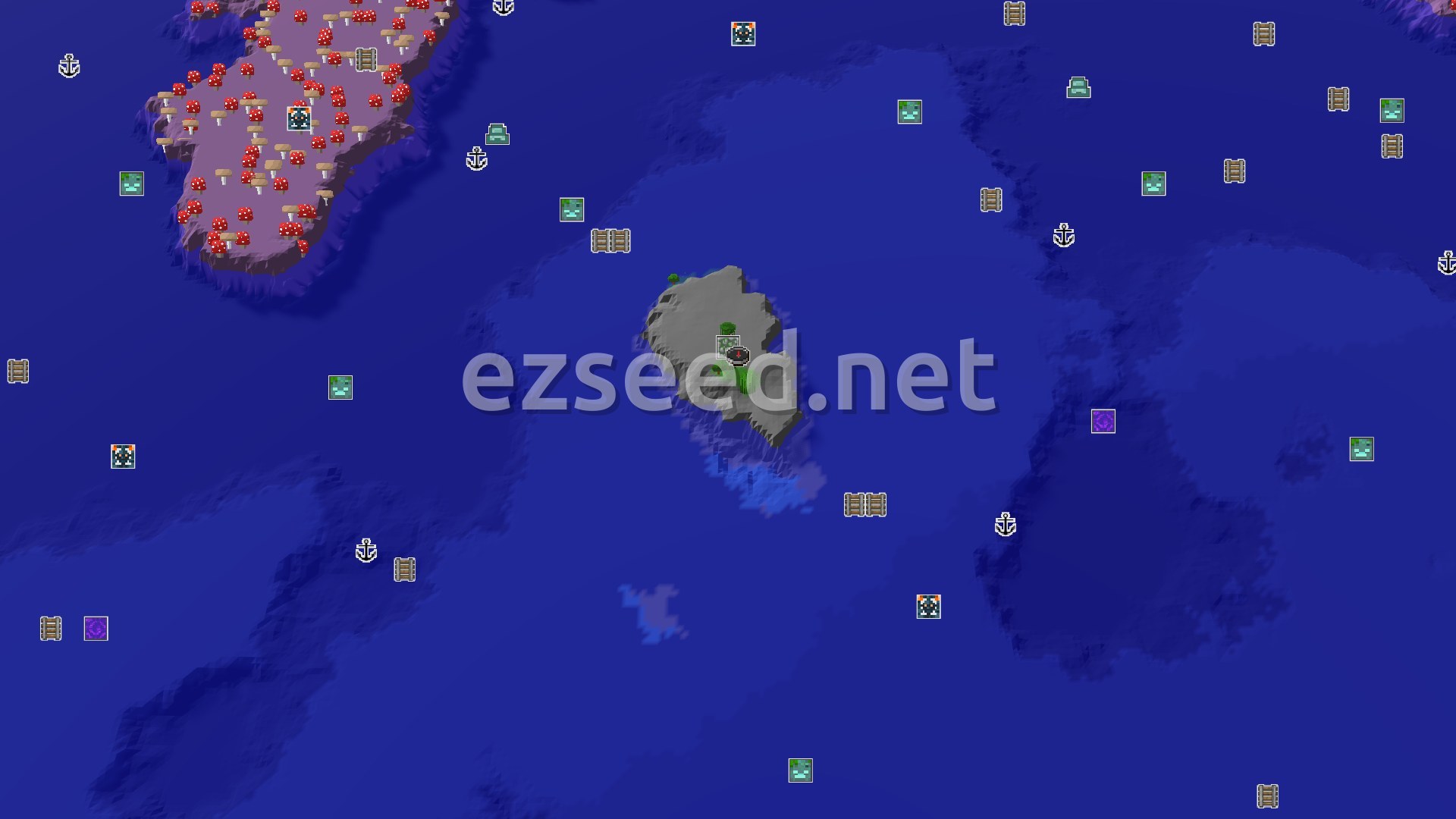 Aerial Minecraft seed map — Island Jungle Spawn with a Nearby Mushroom Fields