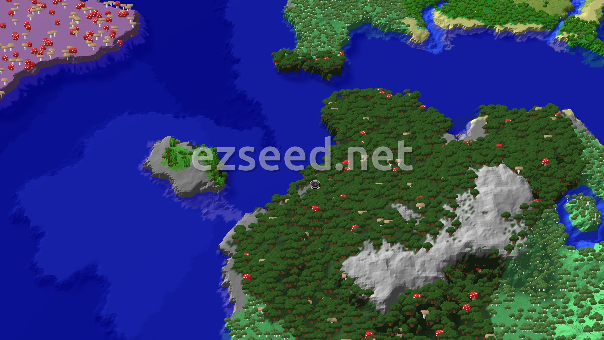 An aerial view of a dense Dark Forest biome, featuring numerous dark oak trees and some red mushrooms on the forest floor, bordering a large ocean. A stony shore and a distinct Mushroom Fields biome are visible in the distance.