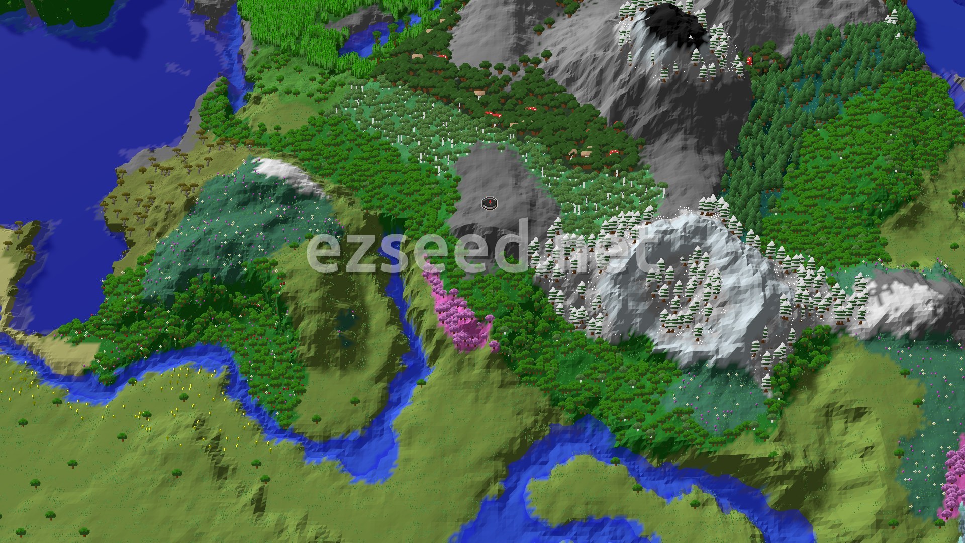 Aerial Minecraft seed map — A Mountainous Start with a Hidden Ancient City