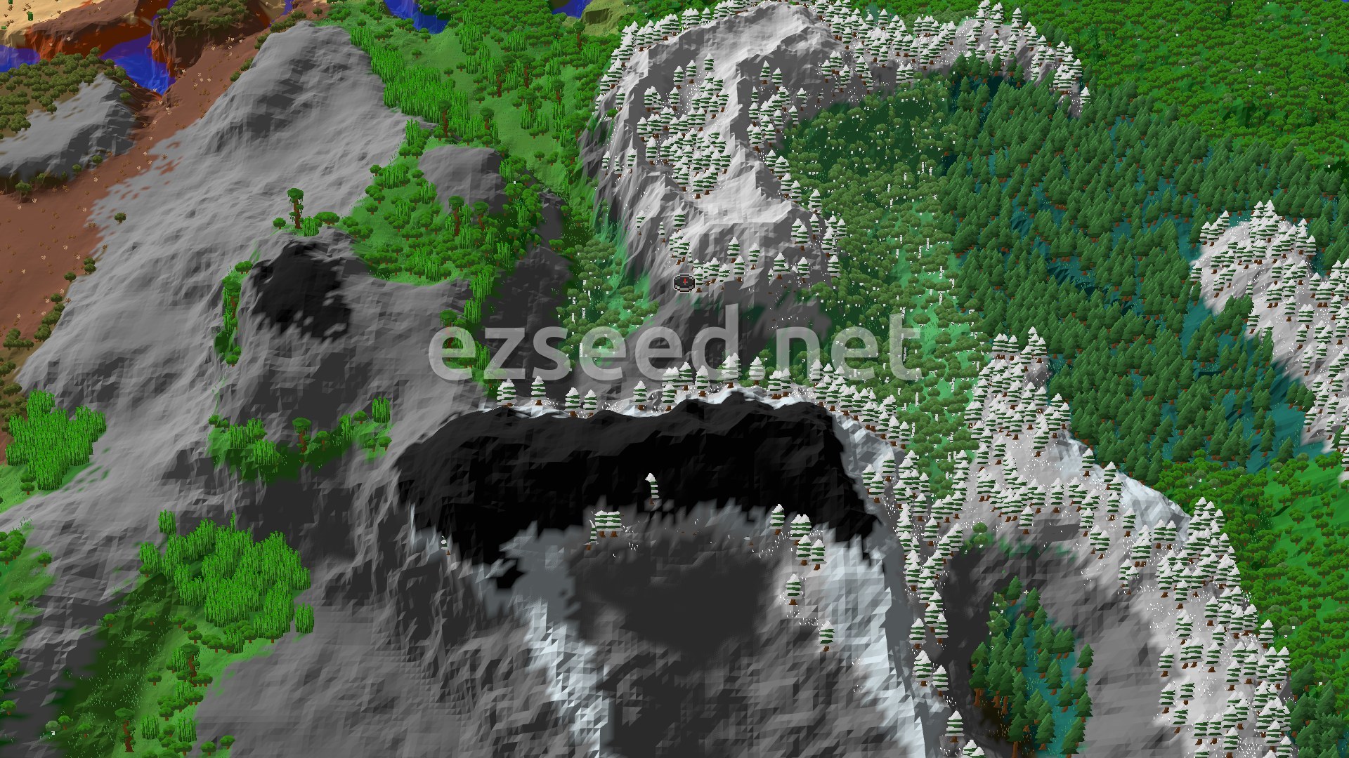 Aerial Minecraft seed map — Spawn in a Meadow, Mountains and Jungle Nearby