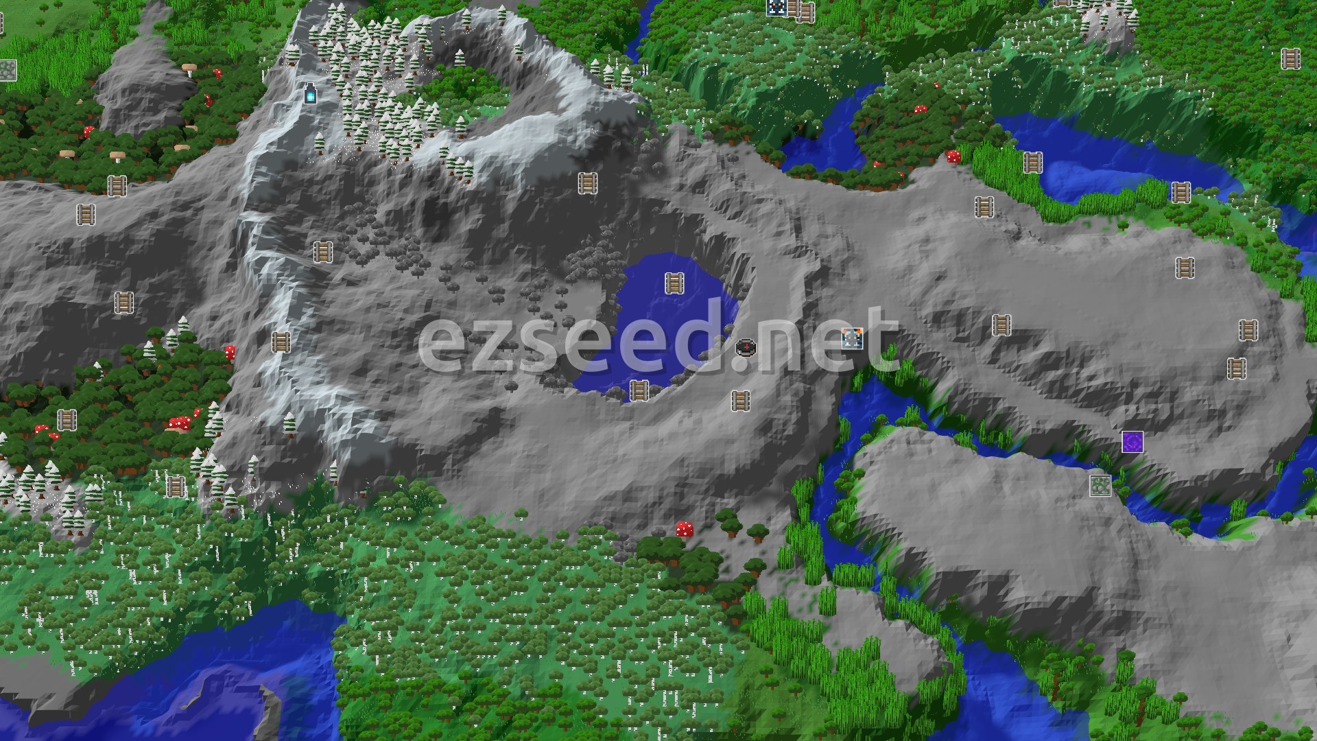 Aerial Minecraft seed map — Spawn in a Pale Garden with a Trial Chamber nearby