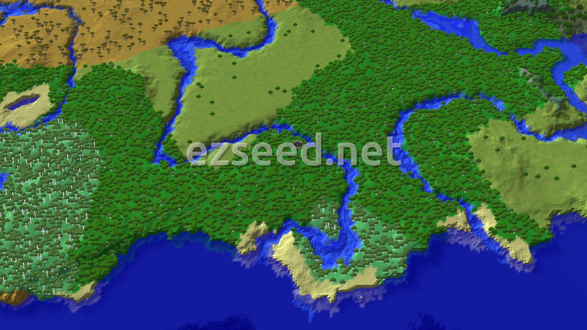 Aerial Minecraft seed map — Forest Spawn with a Nearby Trial Chambers and Village