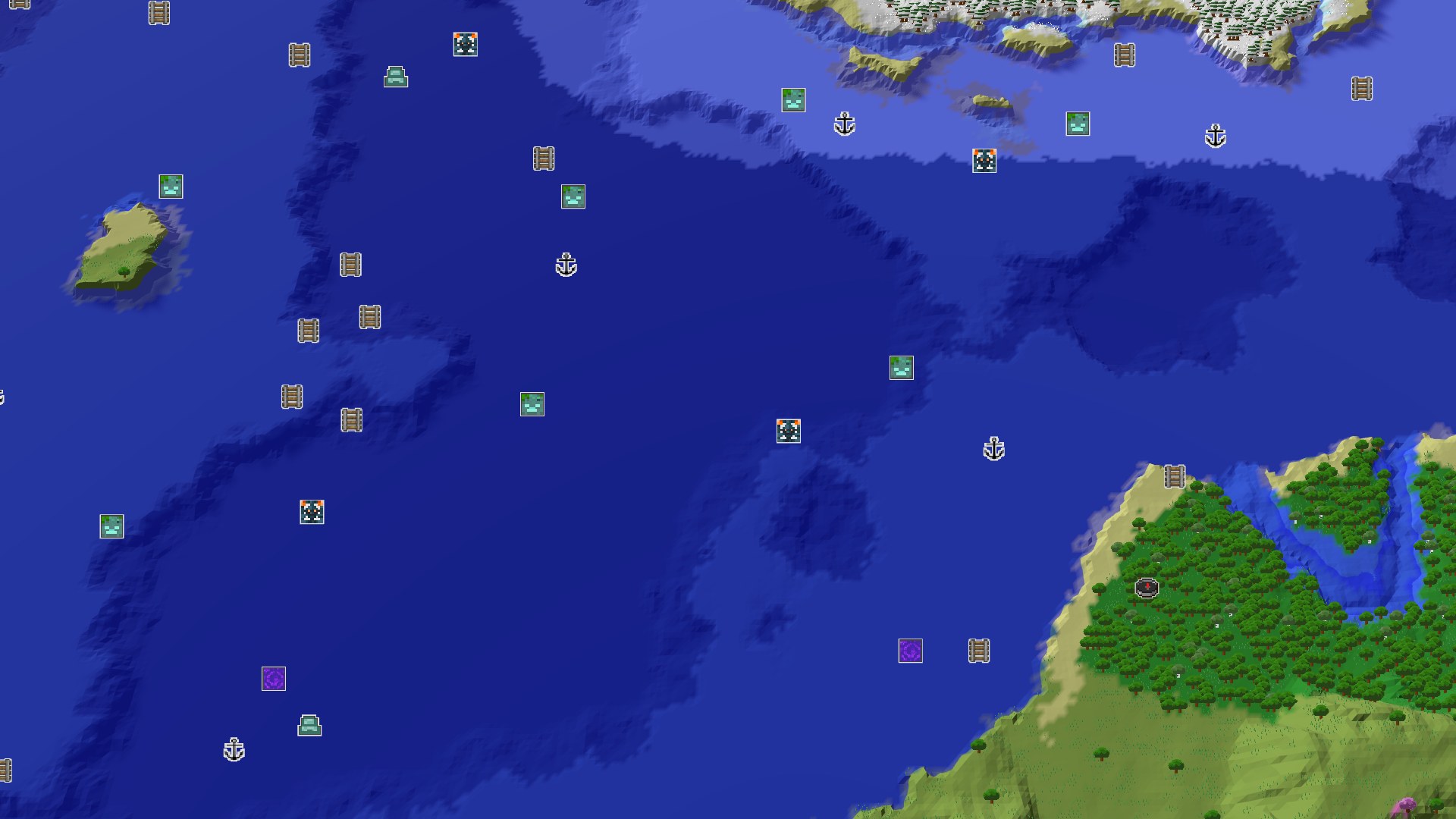 A bird's-eye view of a Minecraft world, showing a dense forest biome at the bottom right, with a river flowing through it. The majority of the image is covered by ocean, ranging from lighter blue near the shore to deeper blue further out, indicating varying depths. A small, grassy island is visible in the upper left of the ocean. The overall terrain is mostly flat with some gentle hills in the forest area.