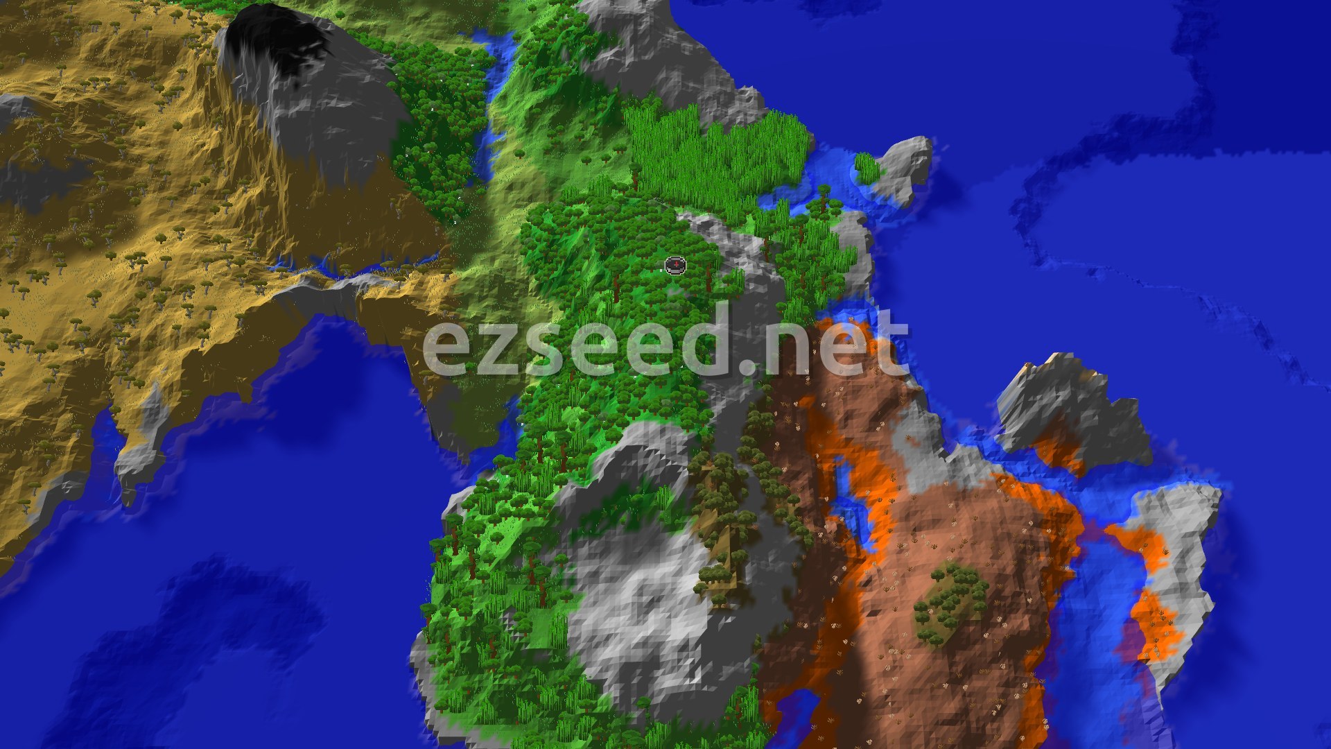 Aerial Minecraft seed map — Ancient City at Spawn in a Diverse Biome Mix