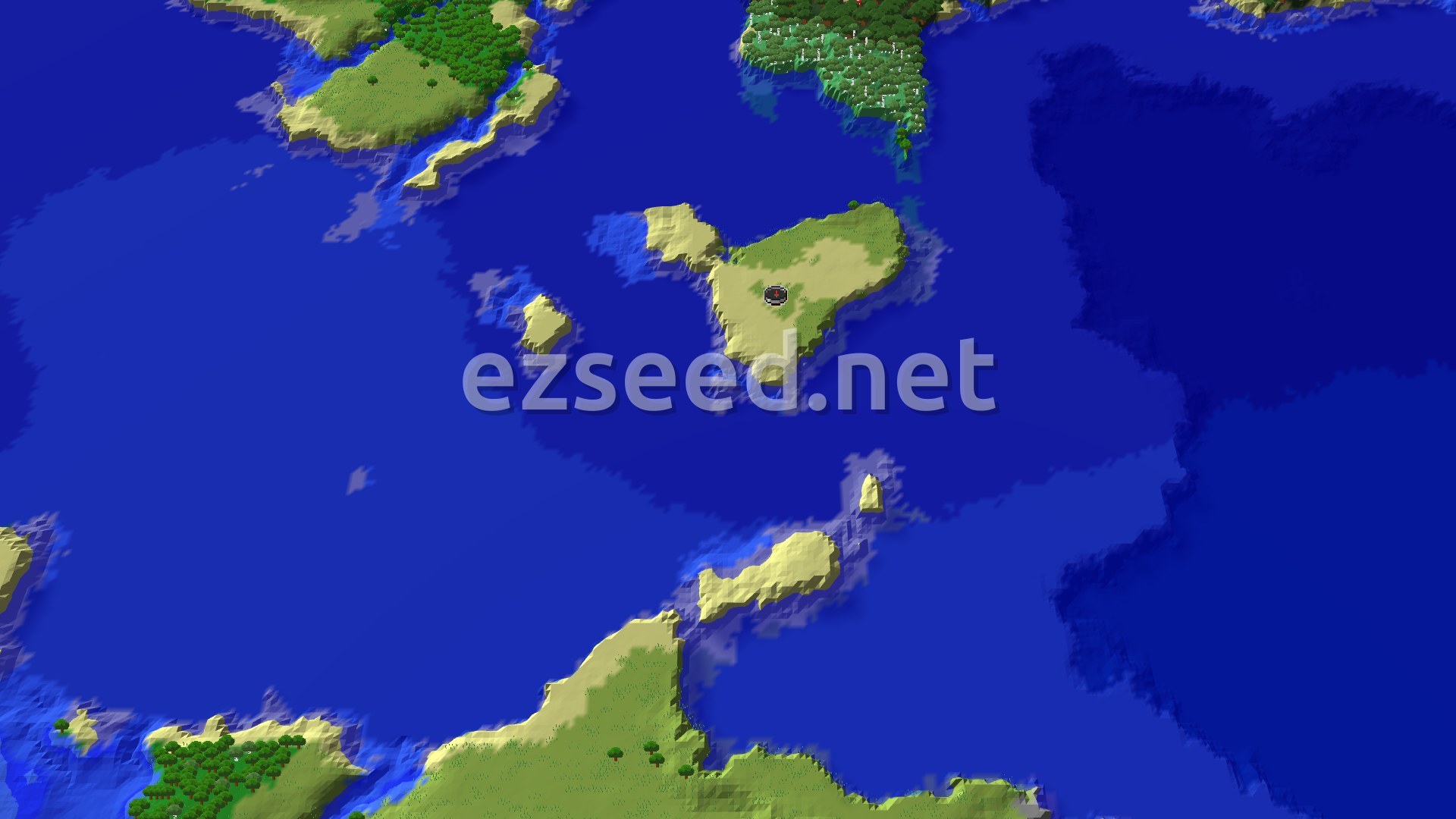 An overhead 3D view of a large, green island surrounded by vast blue oceans, with a small spawn marker near the center of the island. Forests and plains cover the land, with some beaches along the coast.